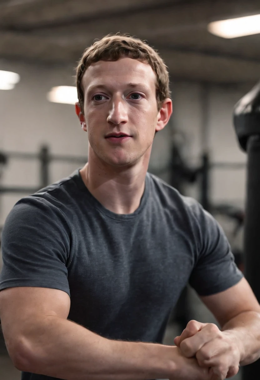 A photo of Mark Zuckerberg in a Muay Thai gym, wearing boxing gloves and throwing a powerful punch.,original,Zuckerberg maintains a notably consistent personal style, famously known for his simple gray t-shirts and hoodies, which reflect his utilitarian approach to life and work. He has a youthful, clean-cut look with short, curly hair and typically wears jeans or casual trousers, projecting an image of approachability that aligns with the casual culture of Silicon Valley.