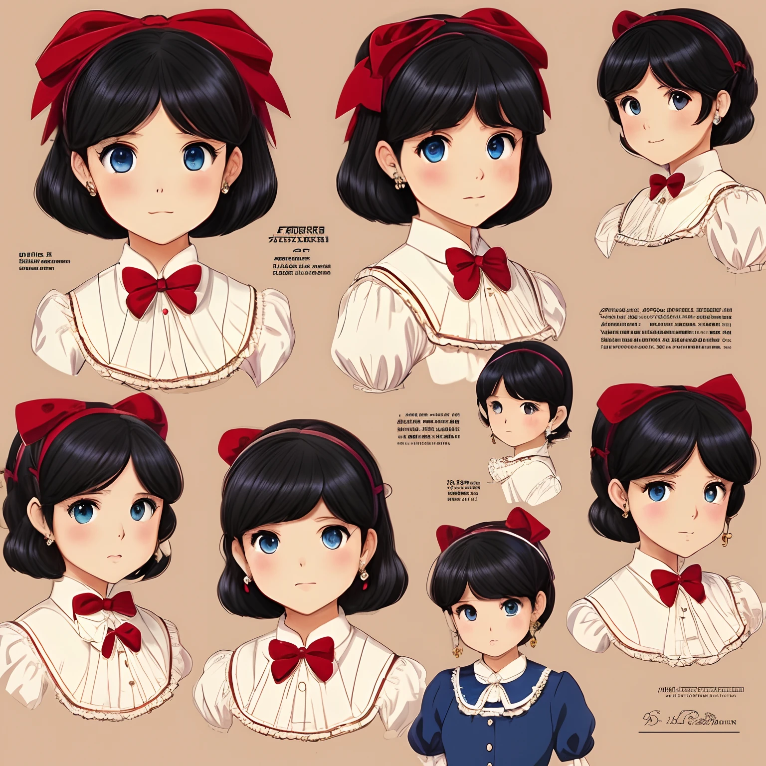 Reference sheet for a cute 12 years girl from a rich family, drawn in anime style, childlike, short black hair, hair pins, blue eyes, earrings, flat chested, red victorian gown with puffy sleeves, bow tie, ribbons, mary jane shoes, white stockings, makeup, gold necklace with diamond, high quality, highly detailed, 4K.