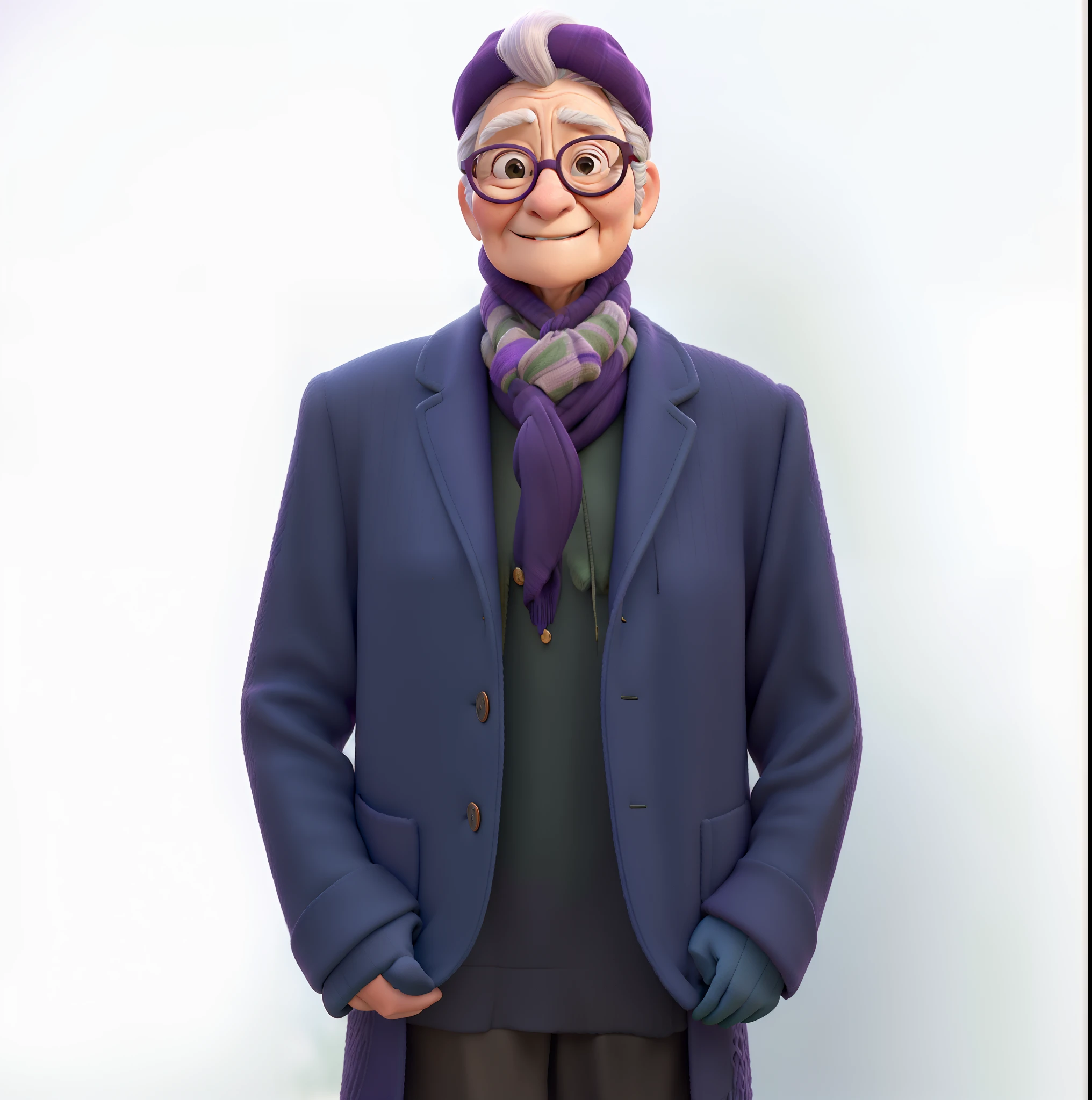 masterpiece, best quality, an old woman with glasses and a scarf on, wearing a purple coat and green scarf, standing at the park