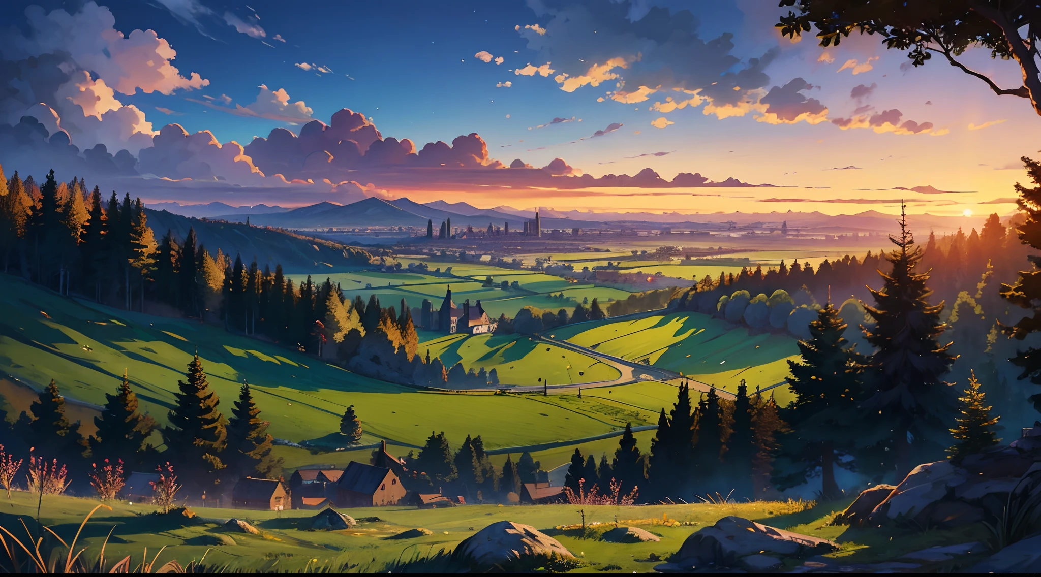 A field at dusk and a medieval city far away on the horizon, best quality, scenery, 2d anime scenery, rpg, medieval era Forest close to the city, 4 o'clock in the afternoon