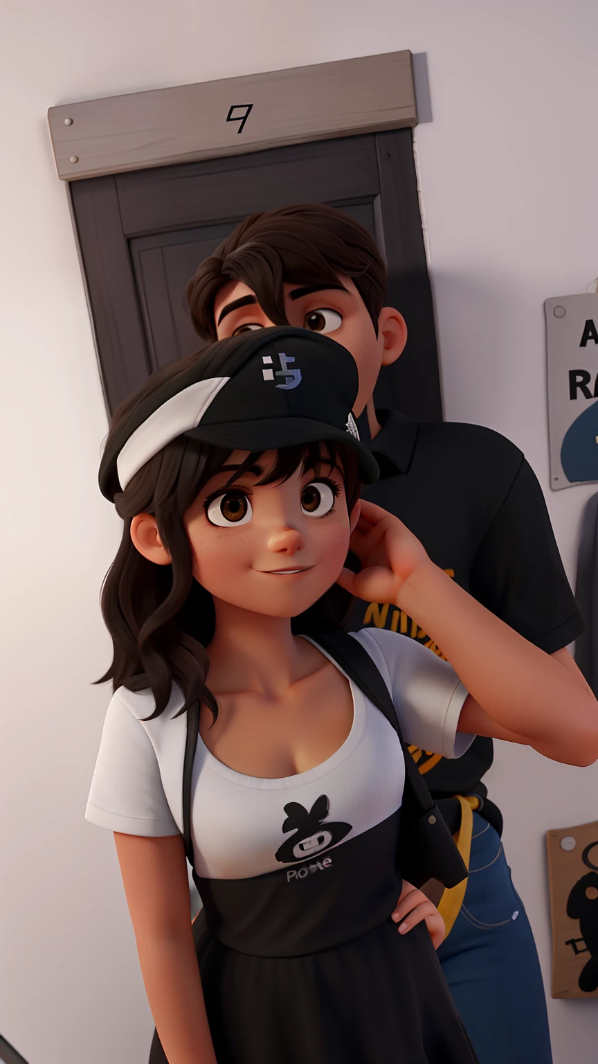 El joven estan con una camiseta negra le agarra por la cintura ala chica y la chica esta con un vestido negro se le ve los vechos se estan tomando fotos al frente de un espejo en la parte de atras esta una puerta cafe y la pared blanca y los chicos son de piel blanca y la chica tiene al frente de su rostro su celular