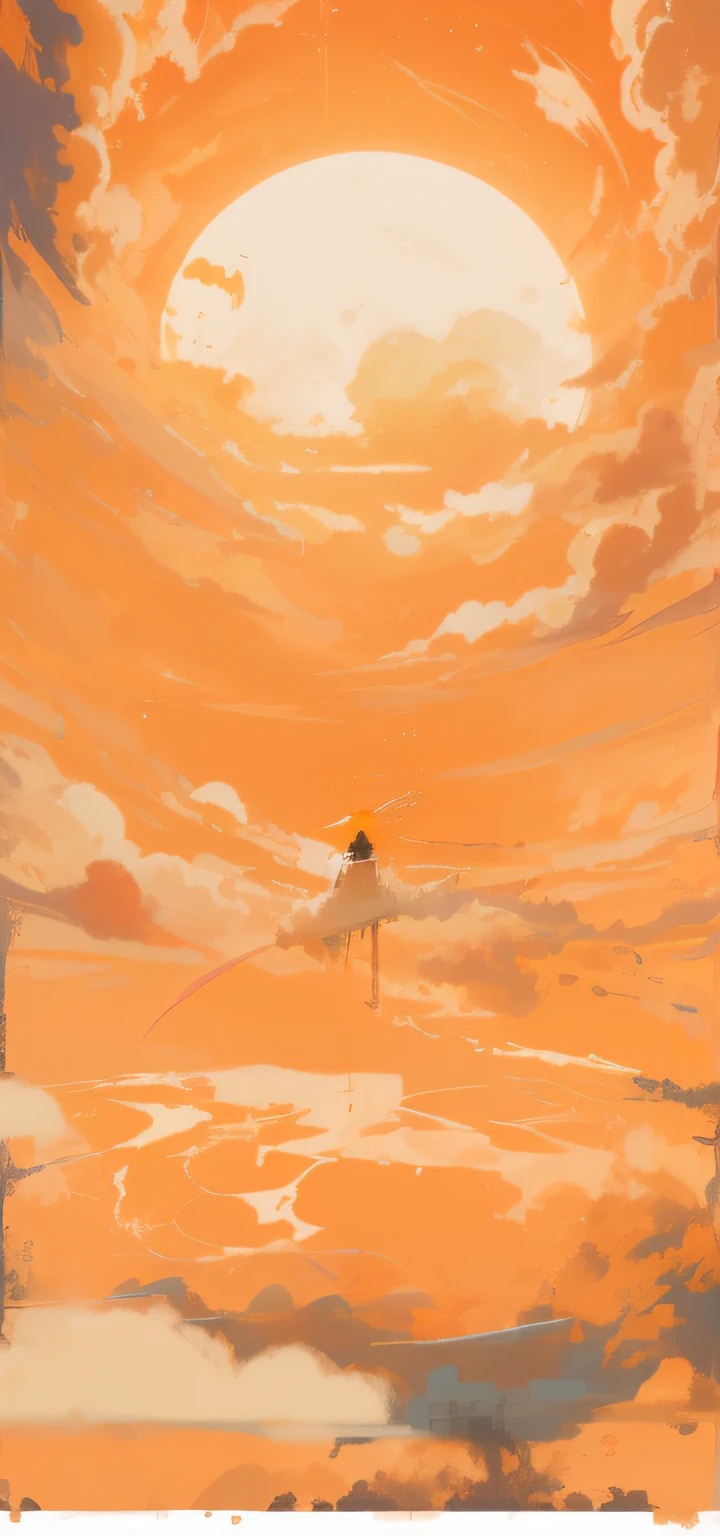 There is a painting,Unmanned sea night sky, A full moon hangs in the sky, sky is orangish outside, orange clouds, Anime art wallpaper 8 K, dreamlike digital painting, Anime background art, anime backgrounds, Atmospheric anime, anime atmospheric, Anime Cloud, , orange yellow ethereal, Anime art wallpaper 4k,