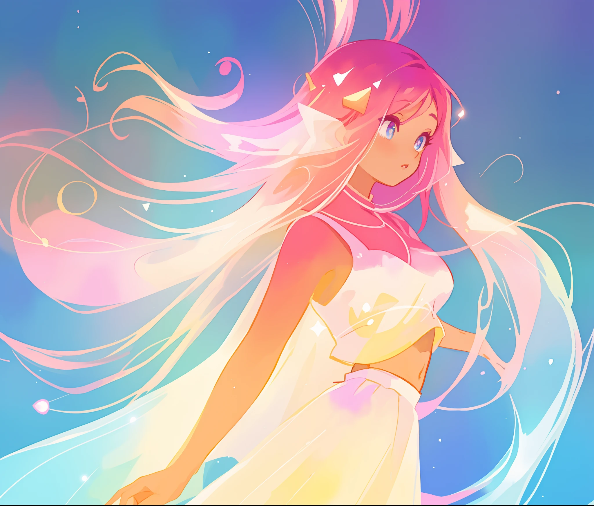 beautiful girl in white crop top and skirt, arabian princess, long colorful sparkling pink hair, watercolor illustration, Lois van Baarle, glowing aura around her, Glen Keane, jen bartel, glowing hair, beautiful digital illustration, fantasia background, beautiful, masterpiece, best quality, anime disney style, (detailed eyes), golden ratio, perfect composition