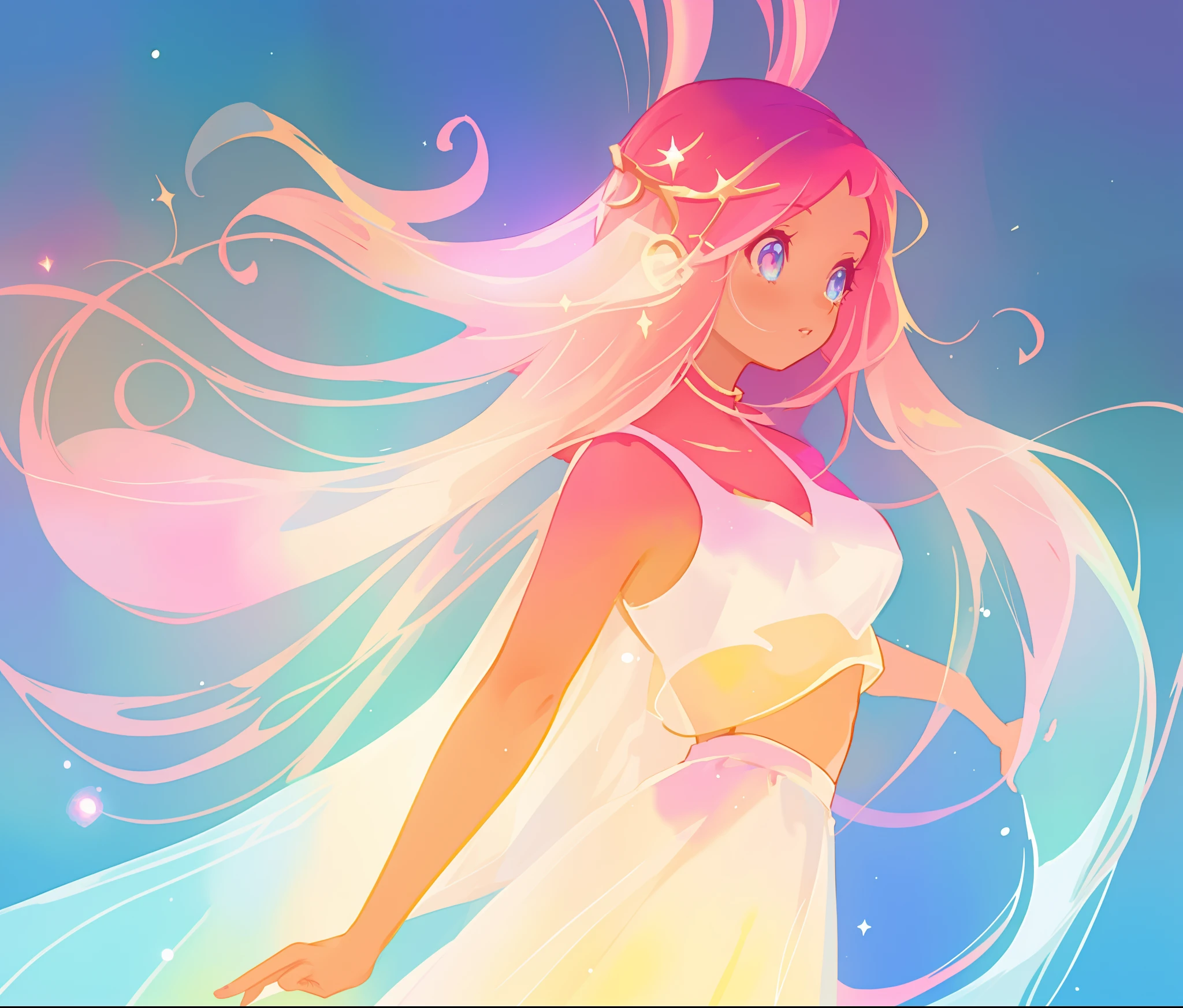 beautiful girl in white crop top and skirt, arabian princess, long colorful sparkling pink hair, watercolor illustration, Lois van Baarle, glowing aura around her, Glen Keane, jen bartel, glowing hair, beautiful digital illustration, fantasia background, beautiful, masterpiece, best quality, anime disney style, (detailed eyes), golden ratio, perfect composition