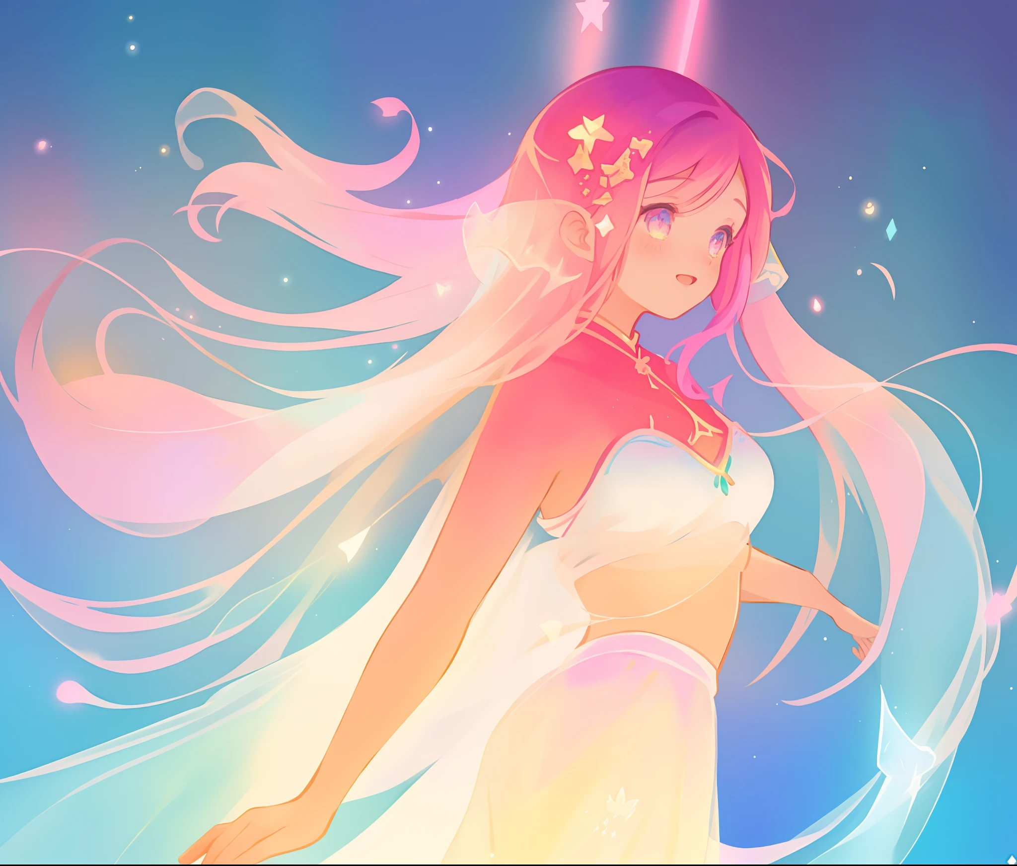 beautiful girl in white crop top and skirt, arabian princess, long colorful sparkling pink hair, watercolor illustration, Lois van Baarle, glowing aura around her, Glen Keane, jen bartel, glowing hair, beautiful digital illustration, fantasia background, beautiful, masterpiece, best quality, anime disney style, (detailed eyes), golden ratio, perfect composition