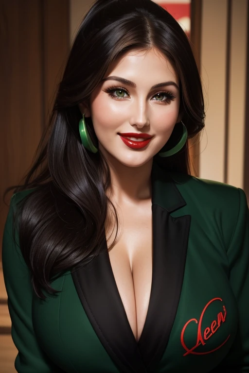 Lucy Pinder, facial portrait, Face, cleavage, ((Red Lipstick)), Smiling, Straight hair, Black hair, Ponytail, Black T-shirt, ((Green blazer)), Very chubby woman, voluptuous woman