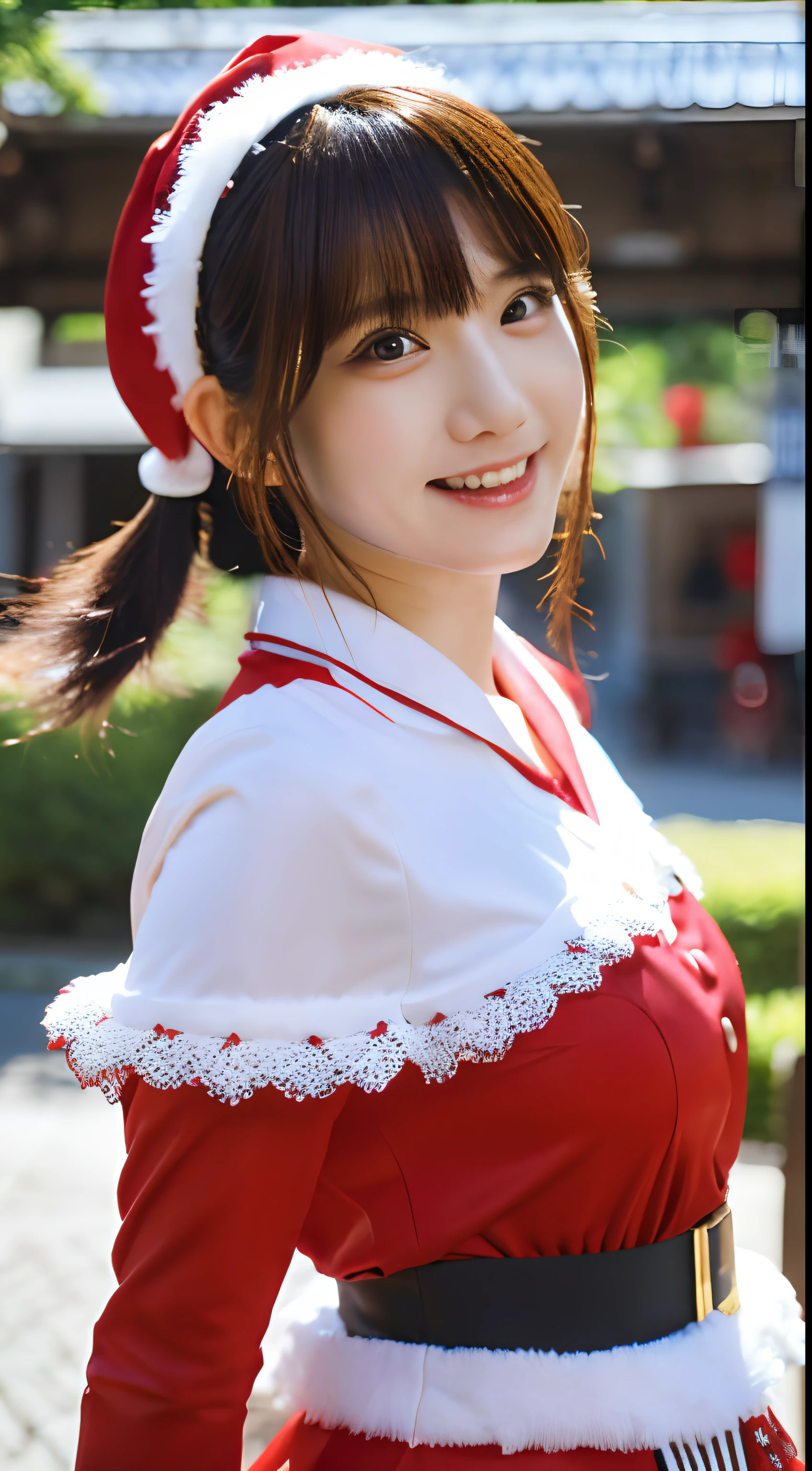 masutepiece, Best Quality, Ultra-detailed, Red and White Santa Claus(No hats)1girl in, Looking at Viewer, Best Quality,depth of fields,(Closed mouth,lightsmile,Black eyes:1.1),Beautiful detailed glow , (santa costume:1.3),It's Shibuya at the intersection,fullbody image,