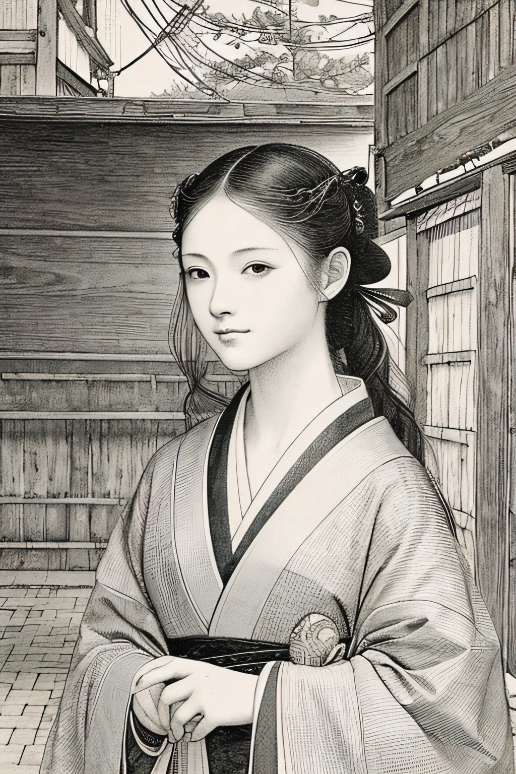 In Women's Drawings、The author is Leonardo da Vinci。Japan woman facing the front。Wearing a kimono, the background is a dense diagonal line。Art supplies at Silverpoint、The dark areas are drawn with hatching。Adjust the strength of the line。
