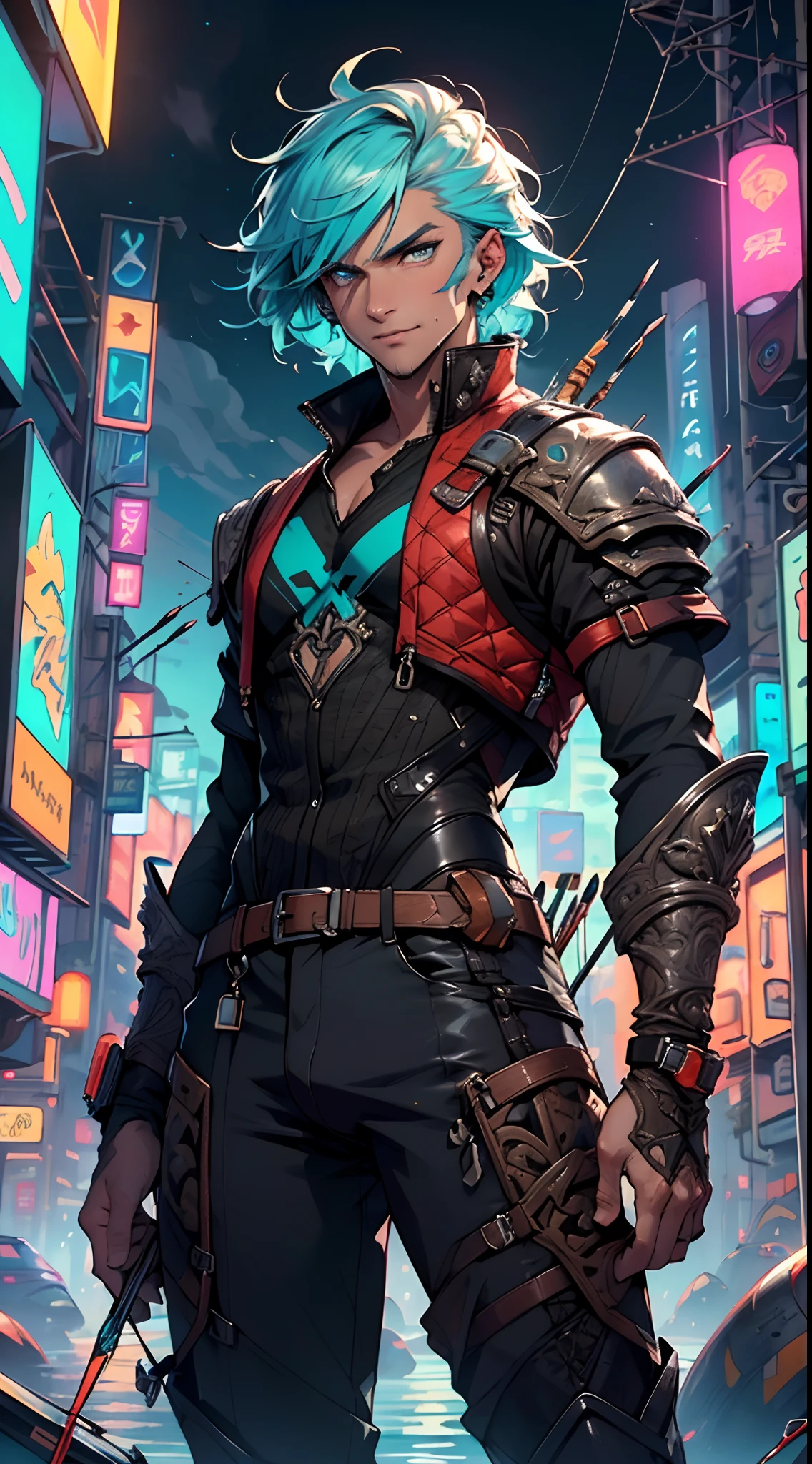 man:1.5,1 man,archer man,(((1man))),((man with aqua hair)),

(((1male,man:1.5,handsome man,male,male gender:1.5,male focus))),macho man,

((aqua messy hair,aqua hair,short hair,colored inner hair)),(((lustrous skin:1.5,tanned skin,bright skin: 1.5,skin tanned,shiny skin,very shiny skin,shiny body,illuminated skin))),(((aqua_eyes:1.2))),intricate eyes,beautiful detailed eyes,symmetrical eyes,((man chest)),handsome face,((muscular)),(((detailed face))),

confident attitude,nsfw,

cyberpunk agent, ((holding a arch:1.5,bow and arrows in a quiver:1.5)), cyberpunk citizen in oversize techwear,((bulge in pants)),((cyberpunk archer outfit)),((wet clothes,intricate outfit,intricate clothes)),

(dynamic pose:1.0),solo focus,((evil smile,evil look)),(centered,scale to fit dimensions,Rule of thirds),

cyberpunk city by the ocean at night, with bright neon signs and dark stormy clouds and puddles, scenery:1.25,nighttime, starry night, cosmos,Very dark night that makes the neon lights stand out, very bright neon lights,

artistic photography,(photography taken by sldr),highres, sharp focus,(ultra detailed, extremely detailed), (photorealistic artwork:1.37),(extremely detailed CG unity 8k wallpaper),((synthwave background theme)),(((vibrant colors))),intricate,(intricate background),(masterpiece),(best quality),photo realistic,analog style,((intricate detail)),(((realism))),