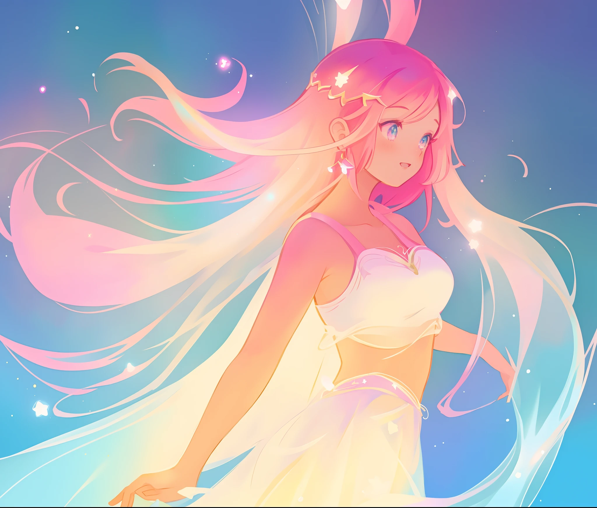 beautiful girl in white crop top and skirt, arabian princess, long colorful sparkling pink hair, watercolor illustration, Lois van Baarle, glowing aura around her, Glen Keane, jen bartel, glowing hair, beautiful digital illustration, fantasia background, beautiful, masterpiece, best quality, anime disney style, (detailed eyes), golden ratio, perfect composition