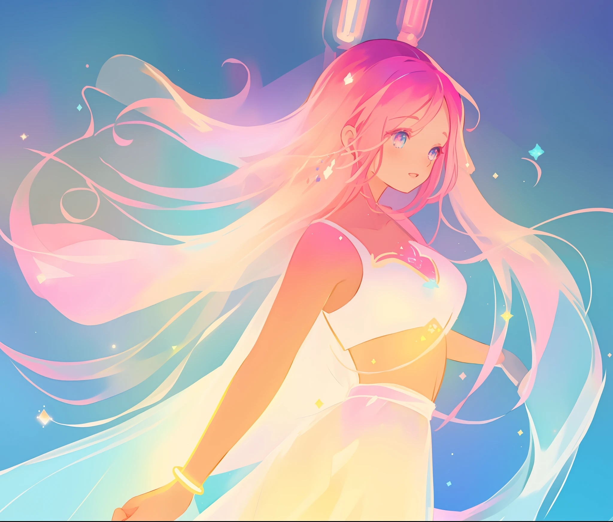 beautiful girl in white crop top and skirt, arabian princess, long colorful sparkling pink hair, watercolor illustration, Lois van Baarle, glowing aura around her, Glen Keane, jen bartel, glowing hair, beautiful digital illustration, fantasia background, beautiful, masterpiece, best quality, anime disney style, (detailed eyes), golden ratio, perfect composition