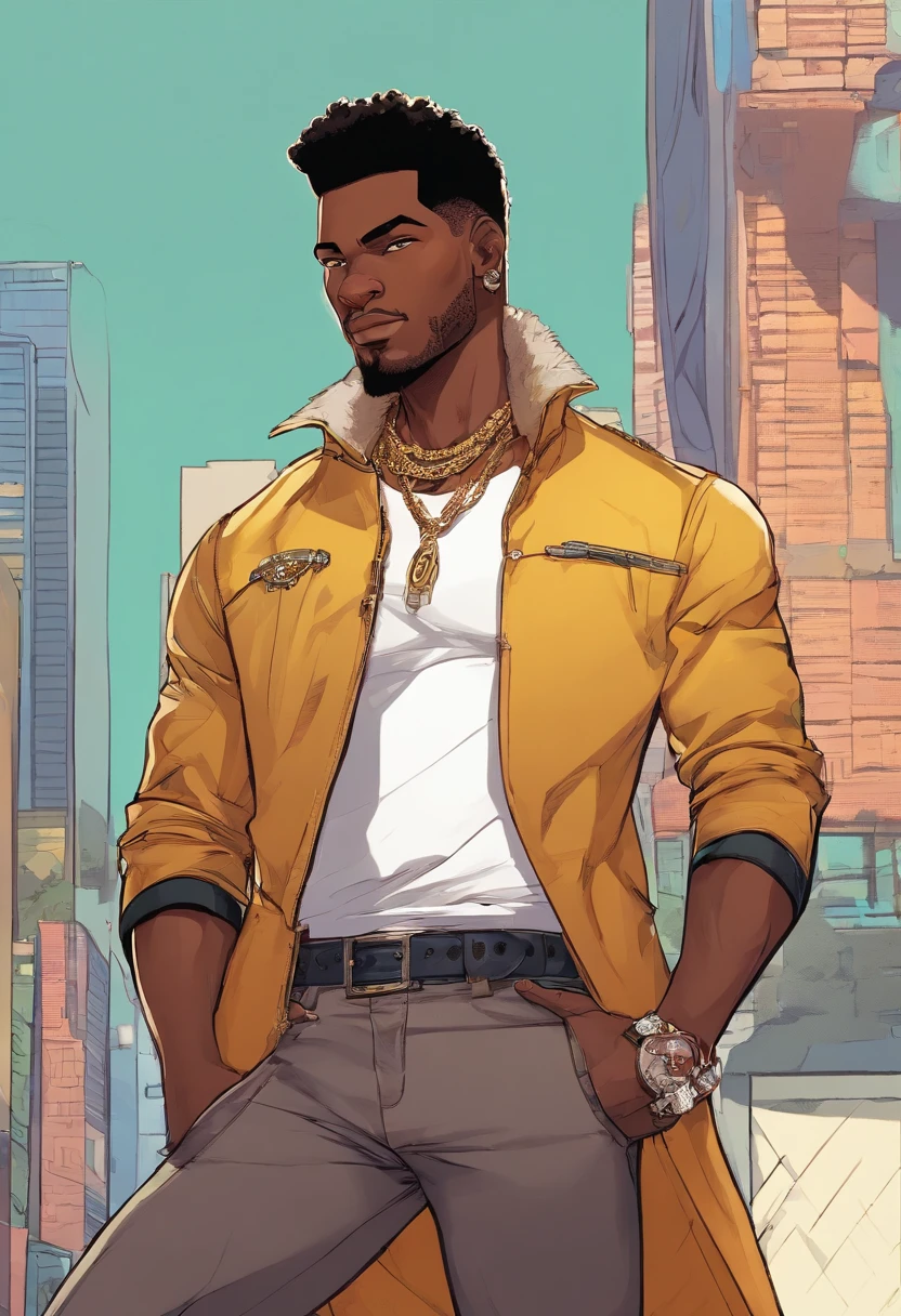 a close up of a dark skin person wearing fancy clothing consisting a jaguar spotted brown jacket, white tank top underneath jacket, dark gray jeans with a black belt on his waist, brown shoes with golden toe caps. He also wears two golden chain necklace in his neck and a long necklace with three black rounded pendants at the center. African American character in tekken, dark green eyes, undercut hairstyle, half body close-up shot, male character, single