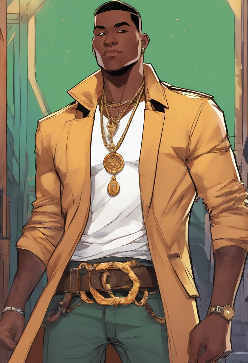 a close up of a dark skin person wearing a brown jacket((jaguar spotted texture)), white tank top underneath jacket, dark gray jeans with a black belt on his waist,He also wears two golden chain necklace in his neck and a long necklace with three black rounded pendants at the center. African American character in tekken, dark green eyes, undercut hairstyle, half body close-up shot, male character, singlehighly detailed exquisite fanart, anime portrait of a handsome man, high quality portrait, detailed character art, full art illustration, human male character art, highly detailed character design, male character design