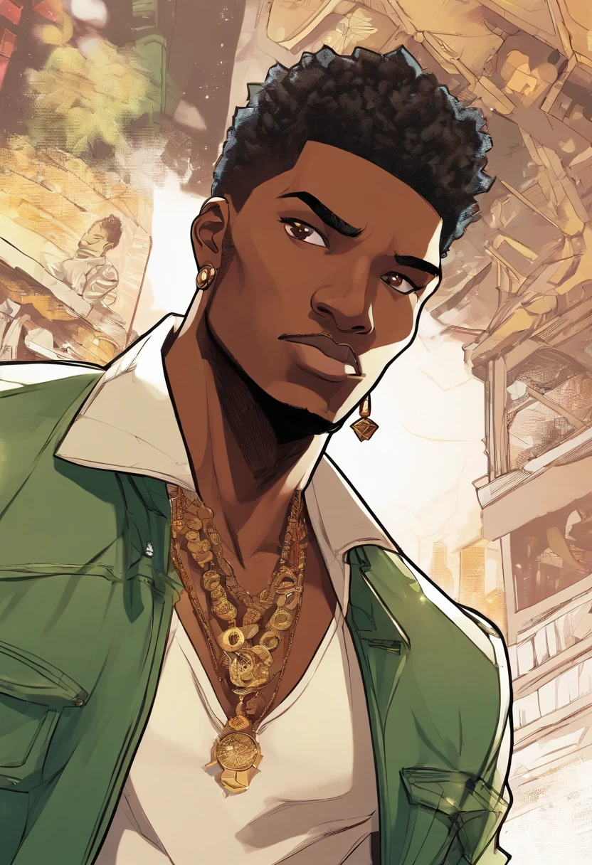 a close up of a dark skin person wearing fancy clothing consisting a jaguar spotted brown jacket, white tank top underneath jacket, dark gray jeans with a black belt on his waist, brown shoes with golden toe caps. He also wears two golden chain necklace in his neck and a long necklace with three black rounded pendants at the center. African American character in tekken, dark green eyes, undercut hairstyle, half body close-up shot, male character, single