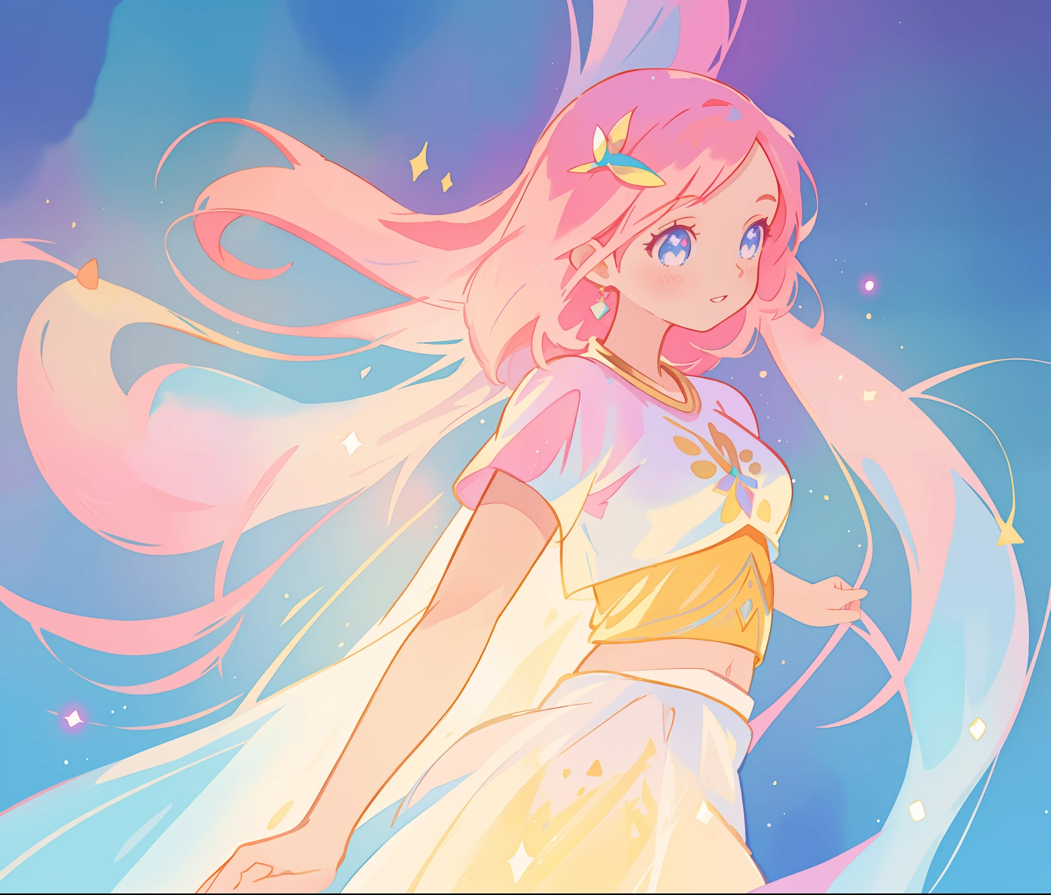 beautiful girl in white crop top and skirt, arabian princess, long colorful sparkling pink hair, watercolor illustration, Lois van Baarle, glowing aura around her, Glen Keane, jen bartel, glowing hair, beautiful digital illustration, fantasia background, beautiful, masterpiece, best quality, anime disney style, (detailed eyes), golden ratio, perfect composition