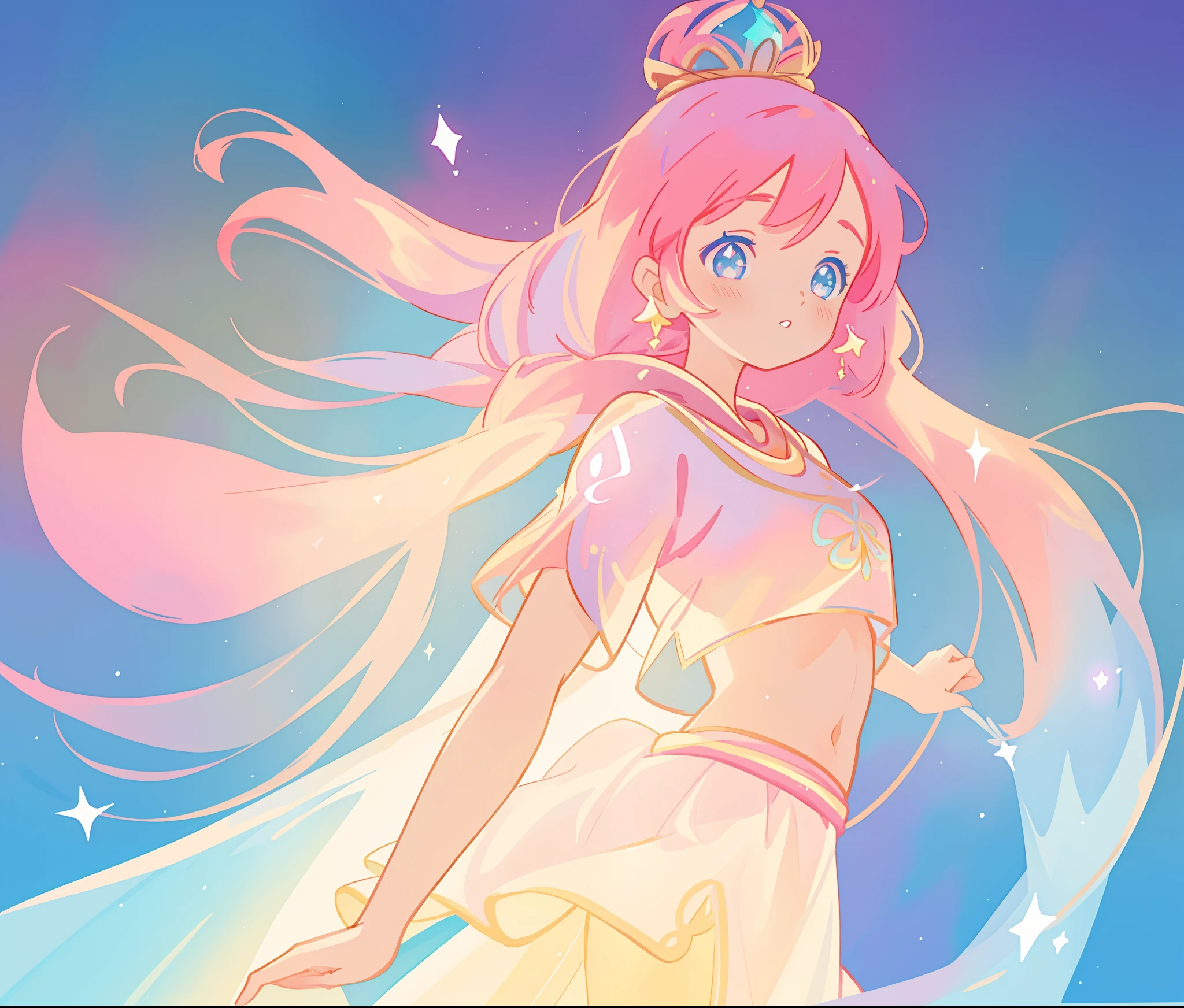 beautiful girl in white crop top and skirt, arabian princess, long colorful sparkling pink hair, watercolor illustration, Lois van Baarle, glowing aura around her, Glen Keane, jen bartel, glowing hair, beautiful digital illustration, fantasia background, beautiful, masterpiece, best quality, anime disney style, (detailed eyes), golden ratio, perfect composition