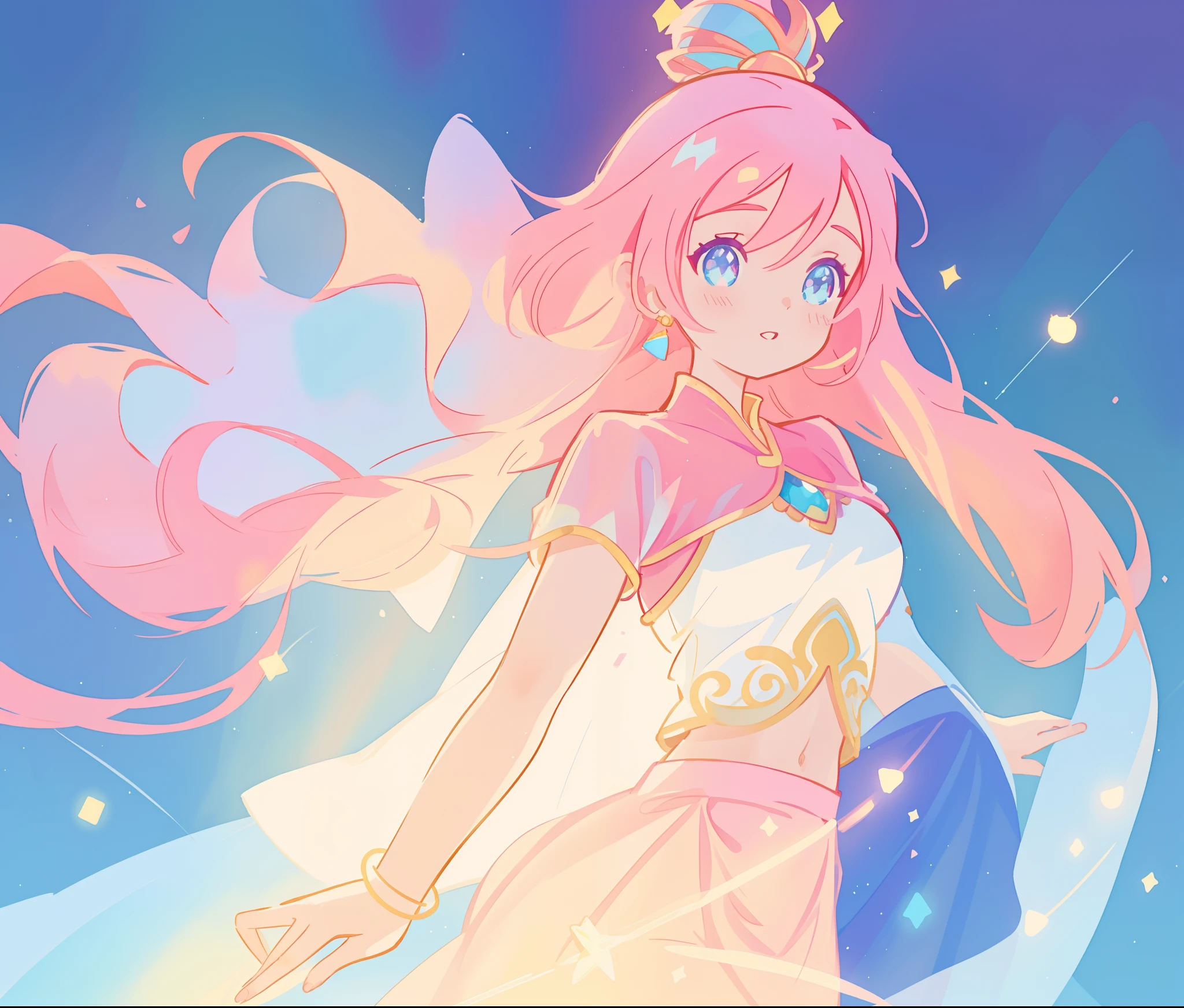 beautiful girl in white crop top and skirt, arabian princess, long colorful sparkling pink hair, watercolor illustration, Lois van Baarle, glowing aura around her, Glen Keane, jen bartel, glowing hair, beautiful digital illustration, fantasia background, beautiful, masterpiece, best quality, anime disney style, (detailed eyes), golden ratio, perfect composition