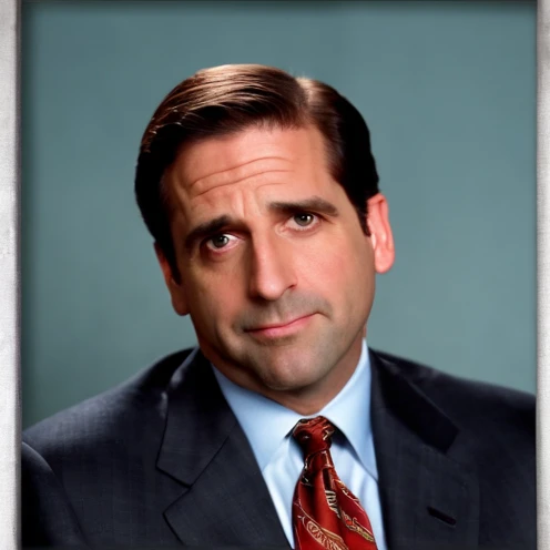 Michael Scott, the fictional character from “The Office,” is a middle-aged man with a receding hairline and a penchant for ill-fitted suits, which adds to his somewhat awkward and unpolished appearance. He often carries a goofy, sometimes childlike expression, complementing his attempts to be liked and seen as humorous by his employees. ,The Office TV show,Michael Scott, the fictional character from “The Office,” is a middle-aged man with a receding hairline and a penchant for ill-fitted suits, which adds to his somewhat awkward and unpolished appearance. He often carries a goofy, sometimes childlike expression, complementing his attempts to be liked and seen as humorous by his employees. ,close up, face