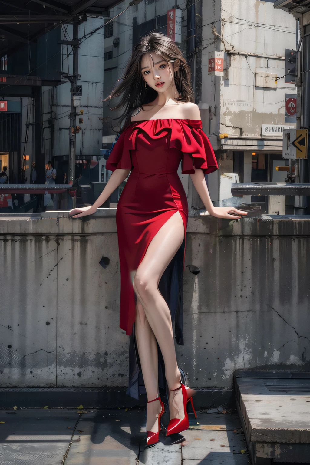 Off-the-shoulder red dress、Red High Heels