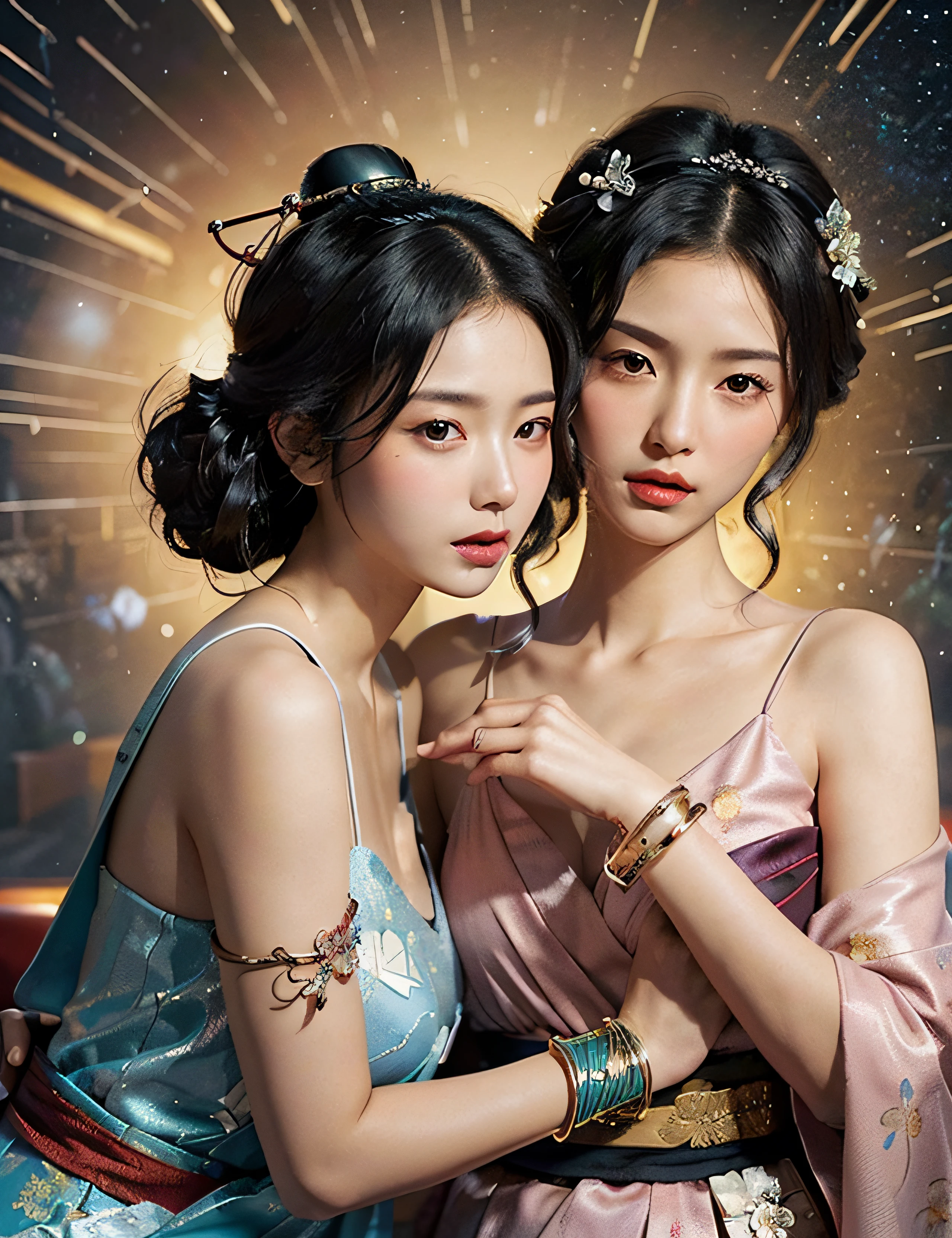 (masterpiece), (Intricate details), (Realistic:1.3), 1 cute Japan model, Elegant perfume magazine advertising model, Posing with perfume, crystal material (Perfume bottle), hibiscus, universe, Marine Blue Theme, Black background, studio_Light,