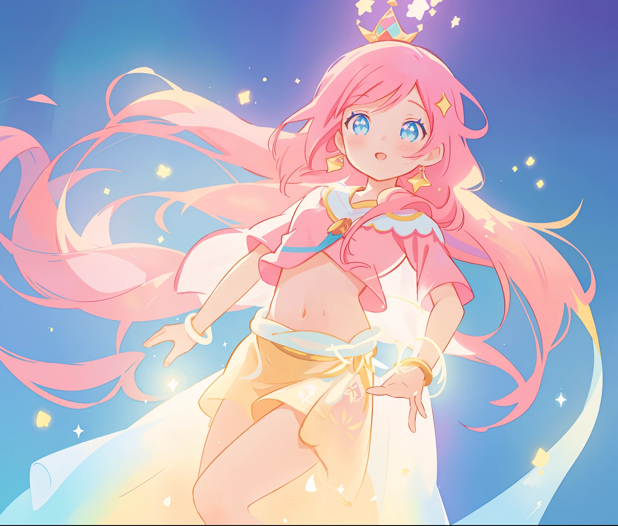 beautiful girl in white crop top and skirt, arabian princess, long colorful sparkling pink hair, watercolor illustration, Lois van Baarle, glowing aura around her, Glen Keane, jen bartel, glowing hair, beautiful digital illustration, fantasia background, beautiful, masterpiece, best quality, anime disney style, (detailed eyes), golden ratio, perfect composition