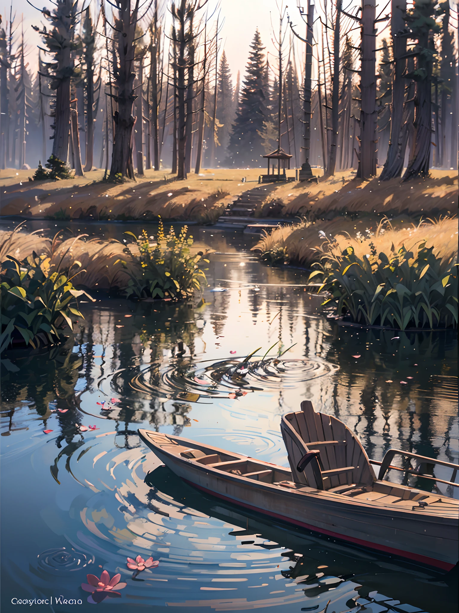 Wallpaper, summer pond, pond, boat, afternoon sun, reeds, pond background, depth of field, hot weather, HD detail, wet watermark, hyperdetail, realistic photo, 16k, surrealism, soft light, deep field focus bokeh, ray tracing, diffuse (ultra-fine glass reflection) and surrealism. --auto --s2
