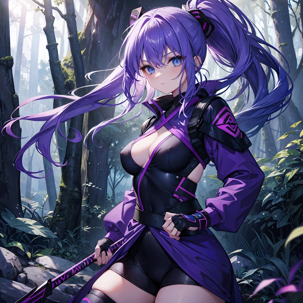 a beautiful girl with purple hair wearing ninja clothes in a forest, medium breasts, cerulean blue eyes, dark purple clothes, holding a kodachi in each hand, highly detailed fingers