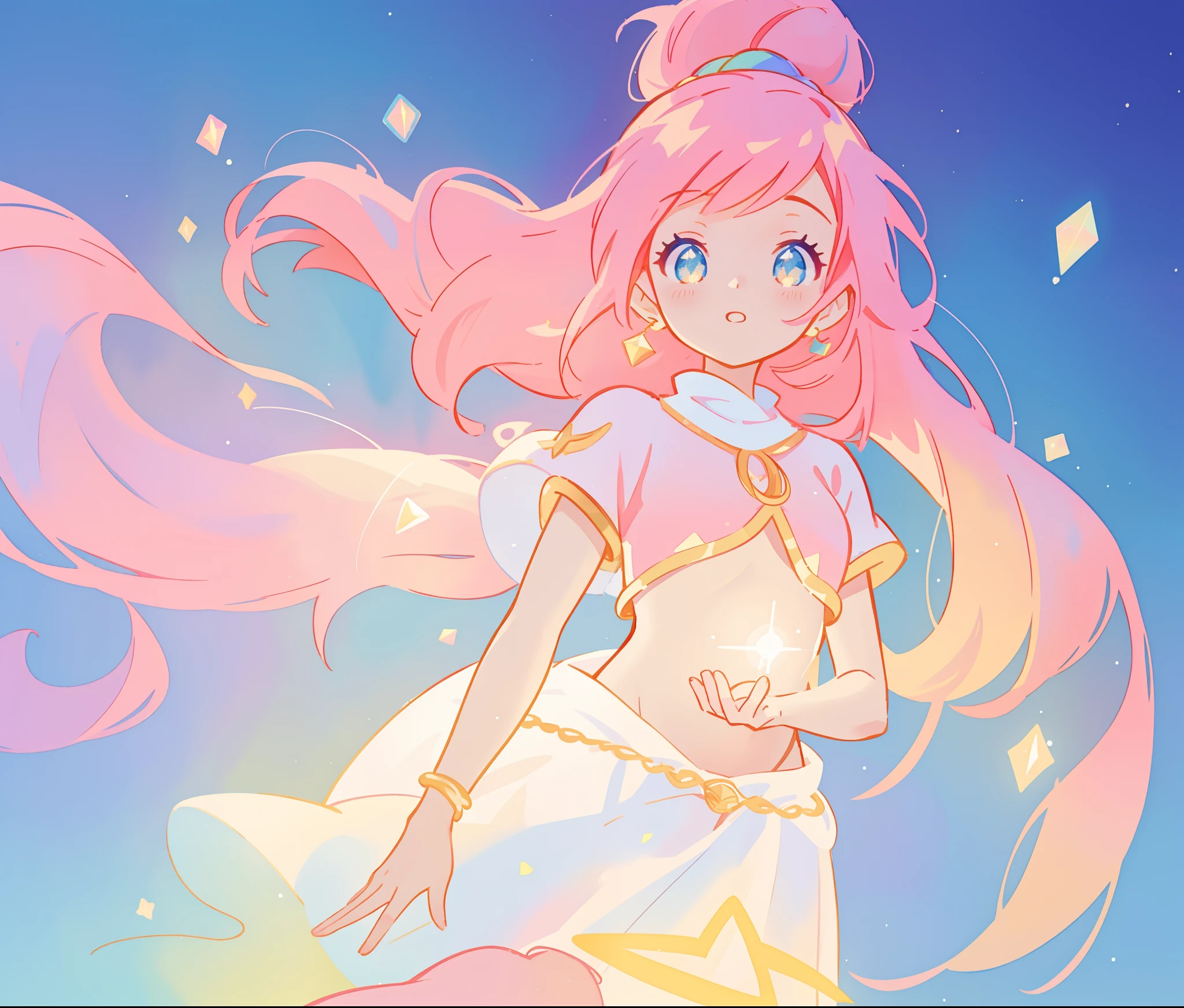 beautiful girl in white crop top and skirt, arabian princess, long colorful sparkling pink hair, watercolor illustration, Lois van Baarle, glowing aura around her, Glen Keane, jen bartel, glowing hair, beautiful digital illustration, fantasia background, beautiful, masterpiece, best quality, anime disney style, (detailed eyes), golden ratio, perfect composition