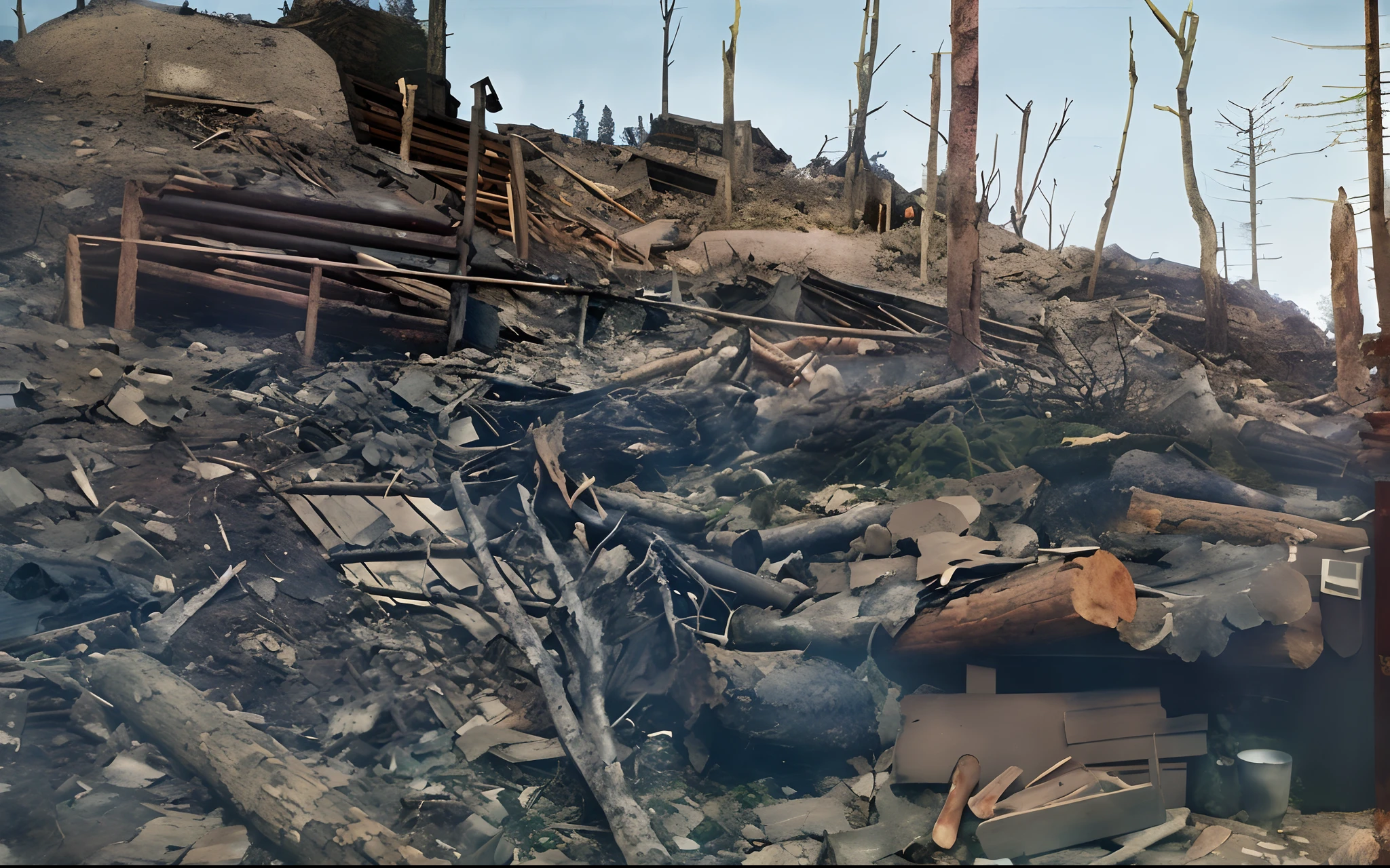 there is a pile of rubble and debris in the woods, destroyed forest, fallout environment, destroyed mountains, wrecked buildings, devastation, destroyed nature, apocalyptic fallout 7 6, destroyed buildings, destroyed human structures, post - apocalyptic wasteland, a hyper realistic, burned forest, front facing shot, burned, burned city, highly detailed fallout 3, disaster photography, building destroyed