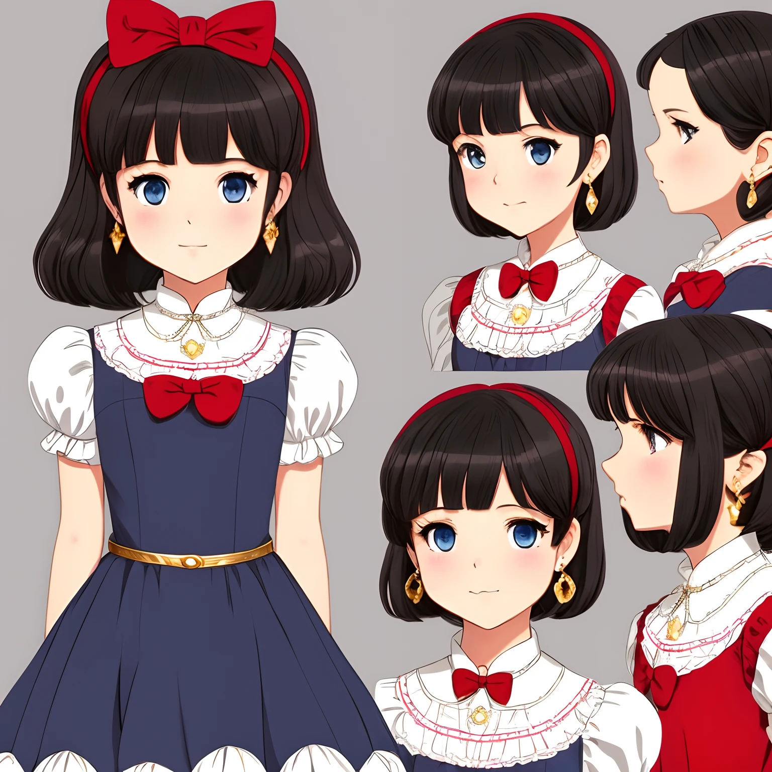 Reference sheet for a cute 12 years girl from a rich family, drawn in anime style, childlike, short black hair, hair pins, blue eyes, earrings, flat chested, red victorian gown with puffy sleeves, bow tie, ribbons, mary jane shoes, white stockings, makeup, gold necklace with diamond, high quality, highly detailed, 4K.