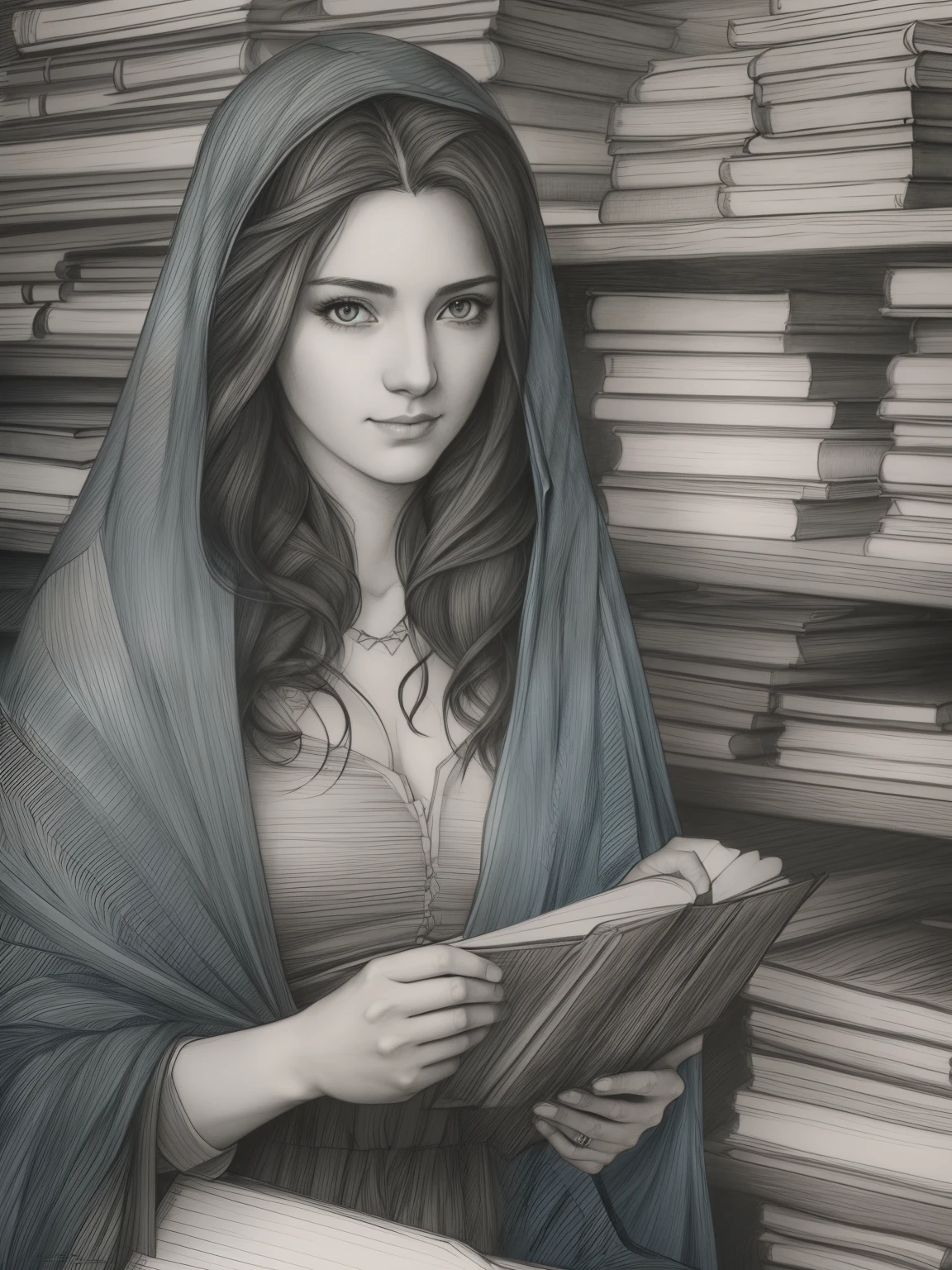 drawing of a woman, DRAPED IN an enigmatic CLOAK, Inside Enchanted Magical Library, Its shelves are adorned with MULTI COLORED books, realistic sketch, hyper realistic sketch, detailed pencil sketch, pencil sketch, realistic digital drawing, detailed sketch drawing, highly detailed portrait, detailed 4 k drawing, pencil draw, highly detailed sketch, realistic drawing, extremely detailed portrait, detailed but rough, pencil drawing illustration, realism drawing, detailed sketch, sketch art,((high quality, masterpiece:1.4)), 1girl, ((upper body)), portrait sketch, messy drawing, messy charcoal spots, unfinished sketch, sketchbook charcoal style drawing of a woman, sketchbook drawing, sketchbook, beautiful hair, beautiful face, symmetrical face, symmetrical eyes, realistic charcoal lines, imperfect drawing, charcoal crumbs, charcoal lines, imperfections, green eyed, woman wearing an enigmatic cloak,  Holding a gold book in her hands, realistic