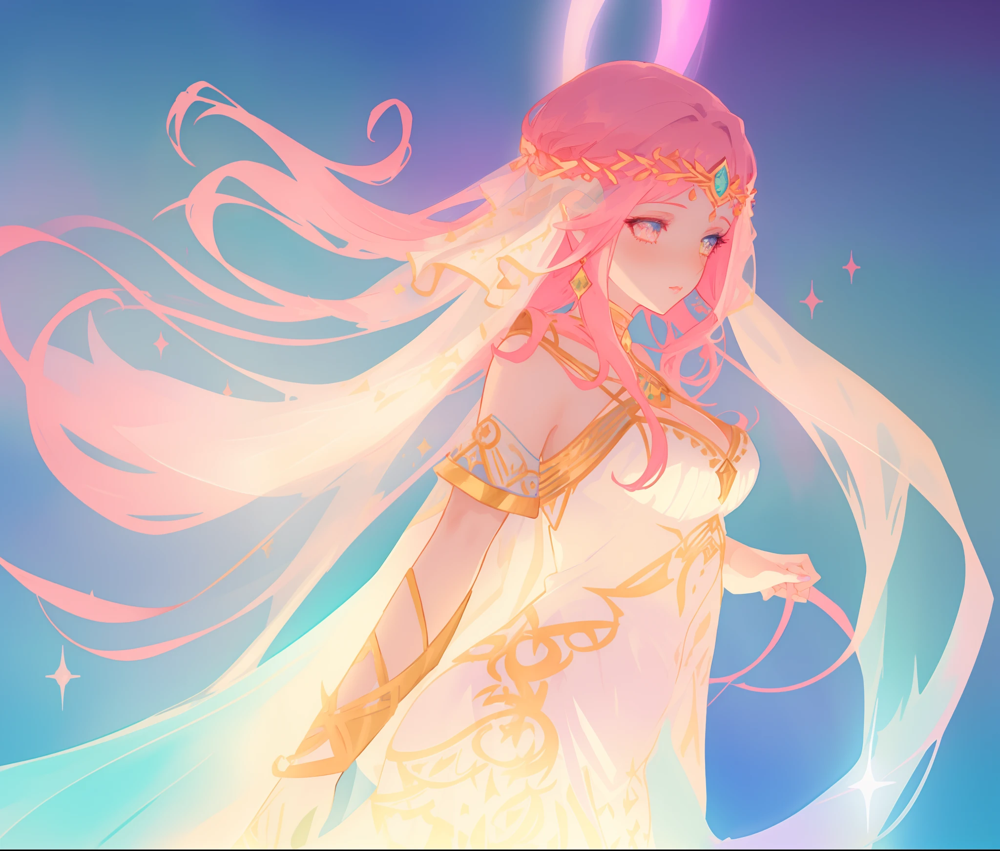 beautiful girl in white arabian dancer two piece dress, arabian princess, long colorful sparkling pink hair, watercolor illustration, Lois van Baarle, glowing aura around her, Glen Keane, jen bartel, glowing hair, beautiful digital illustration, fantasia background, beautiful, masterpiece, best quality, anime disney style, (detailed eyes)