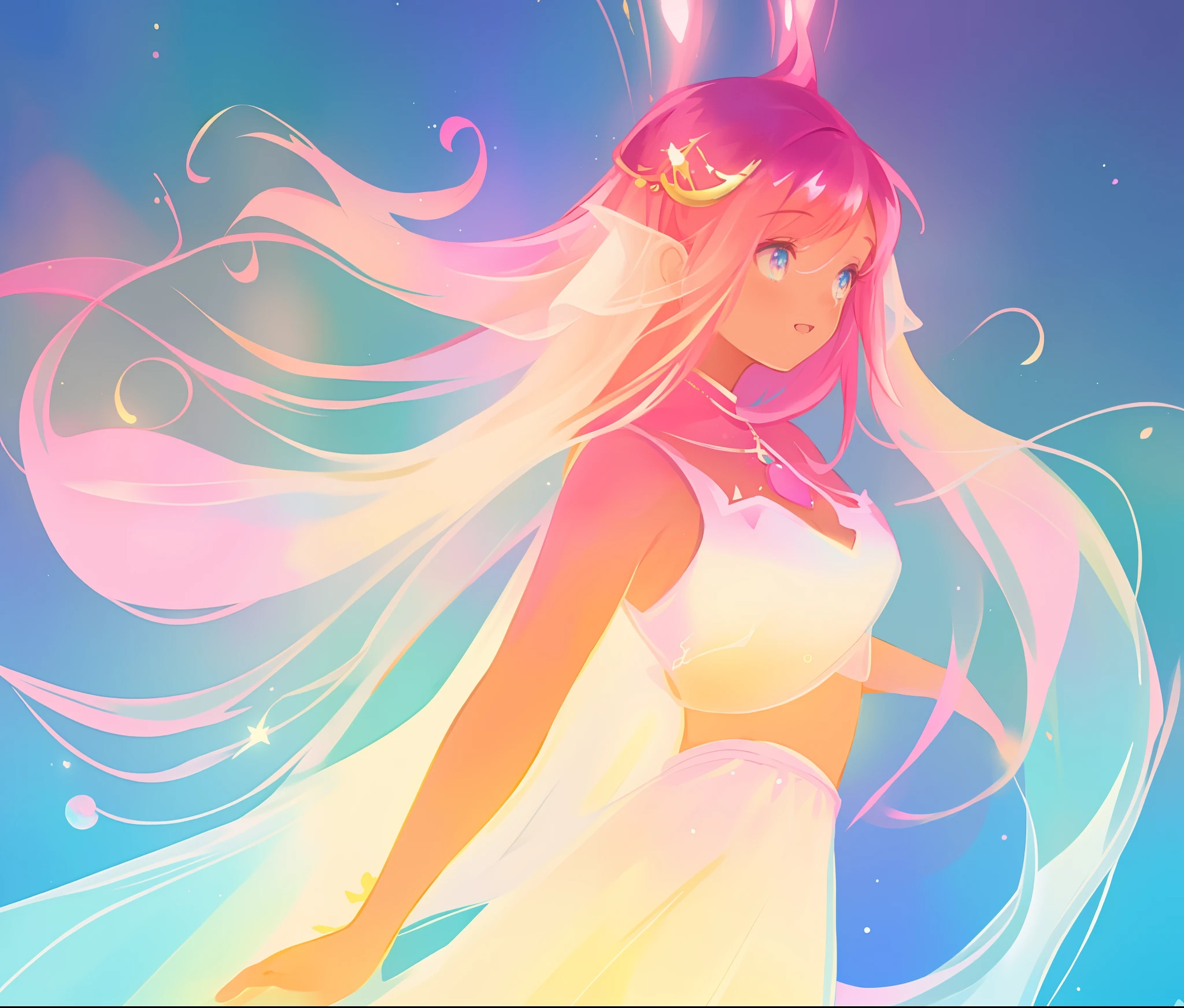 beautiful girl in white crop top and skirt, arabian princess, long colorful sparkling pink hair, watercolor illustration, Lois van Baarle, glowing aura around her, Glen Keane, jen bartel, glowing hair, beautiful digital illustration, fantasia background, beautiful, masterpiece, best quality, anime disney style, (detailed eyes), golden ratio, perfect composition
