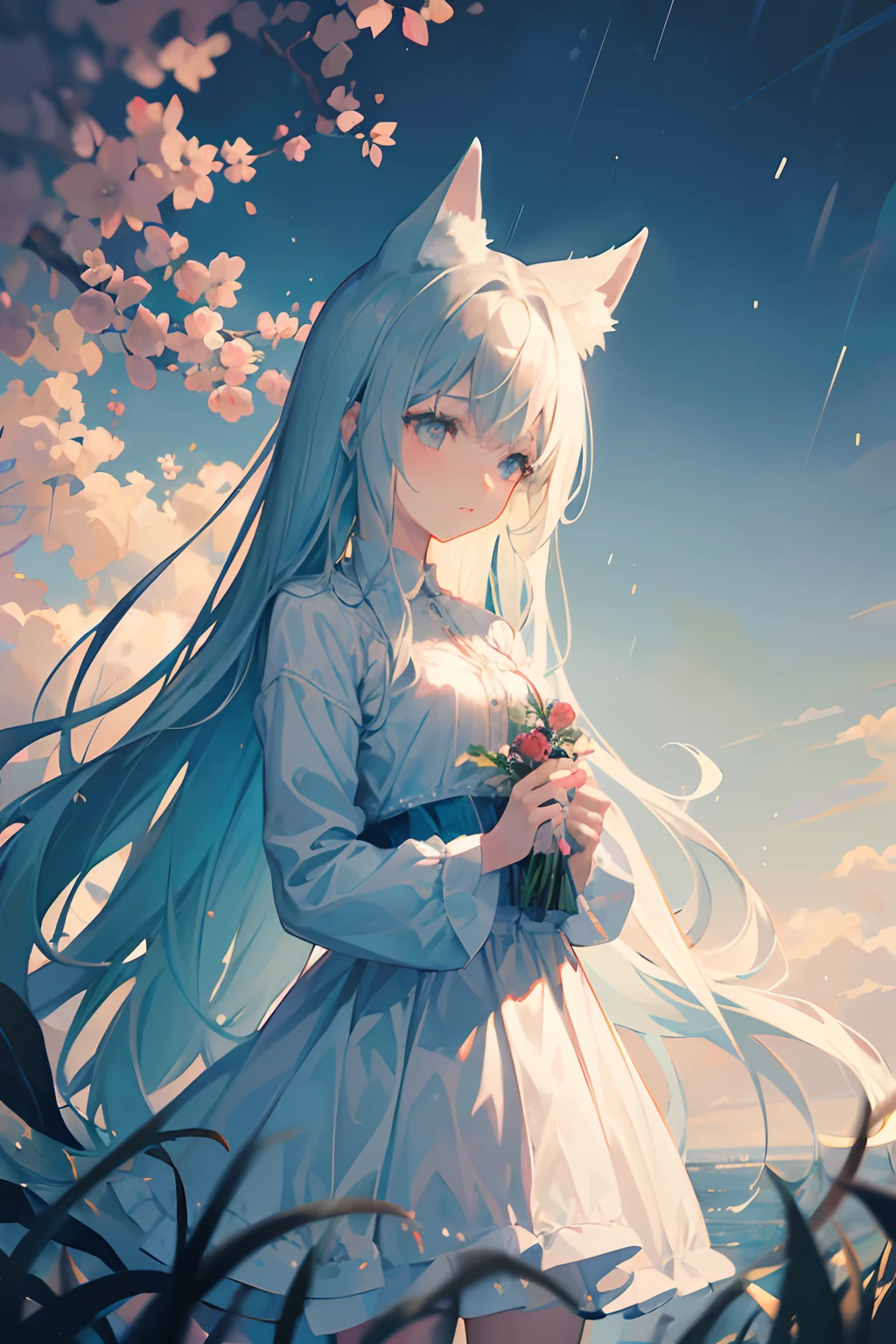 kawaii, anime, Cute, hyper quality, highly detailed, 8k, Clarity, Draw facial expressions in detail, A young girl with long pale silver hair and lapis lazuli eyes., Girl with long dark brown hair and green eyes, highlight on eyes, smile, bouquet, cat ears, celebration, bright background, bright atmosphere, light dances, hug each other,