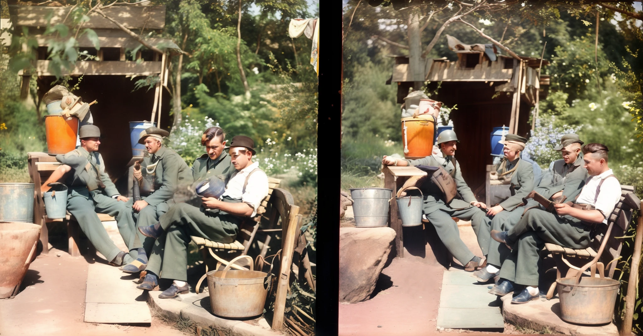 there are two pictures of men sitting on a bench with buckets, colourised, colourized, 4 k photo autochrome, autochrome, color photos, 1 9 4 2, 1942, photo in color, 1943, colorized, 1944, 1 9 4 4, colorized photograph, 1 9 1 4