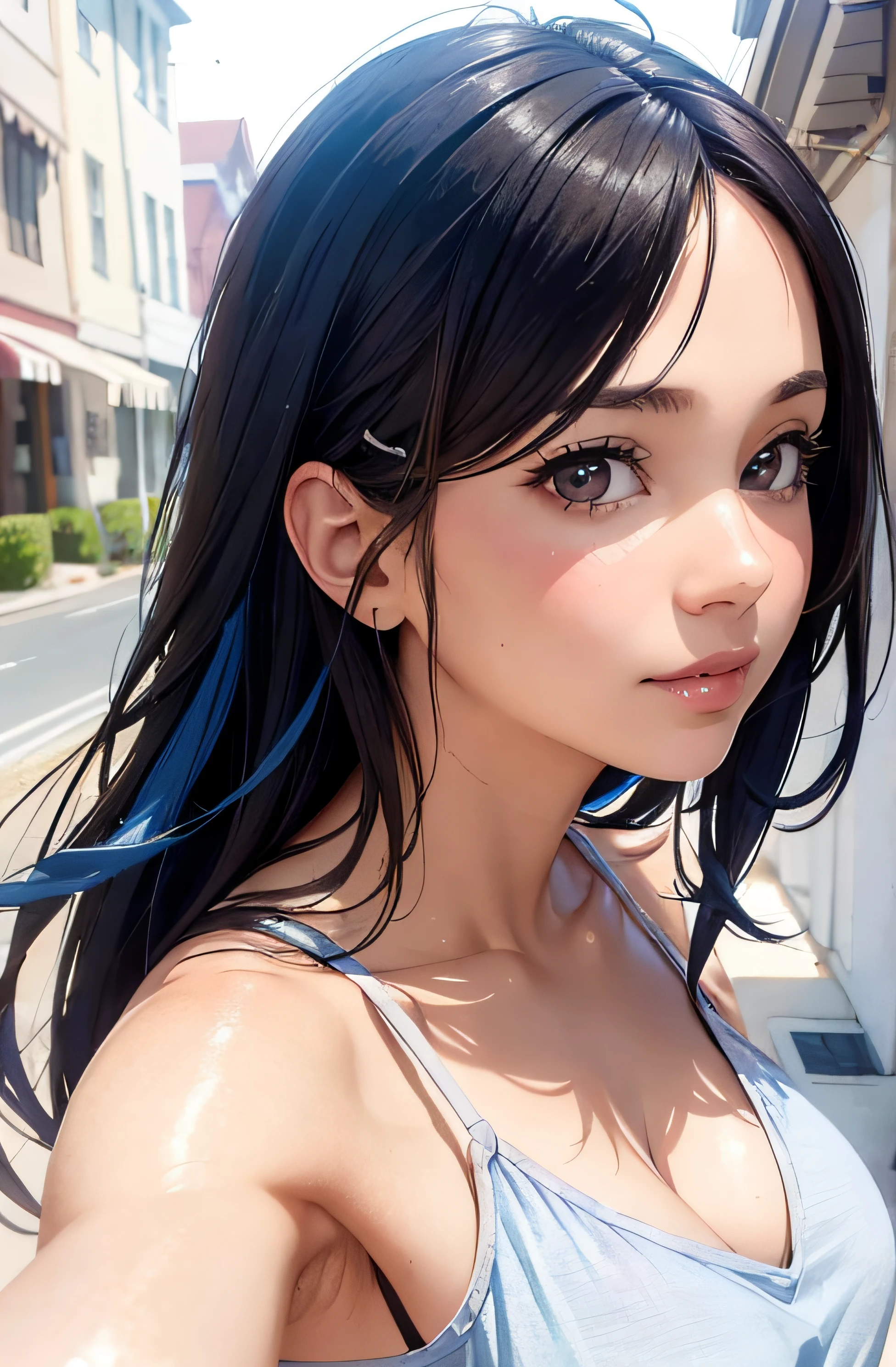girl in summer clothes, top shot,((selfie)), brown eyes, blue hair, random background, kiss, beautiful, medium breasts, flirtatious look, ((very detailed)), (perfectly detailed face), (well detailed hand), photorealistic image.