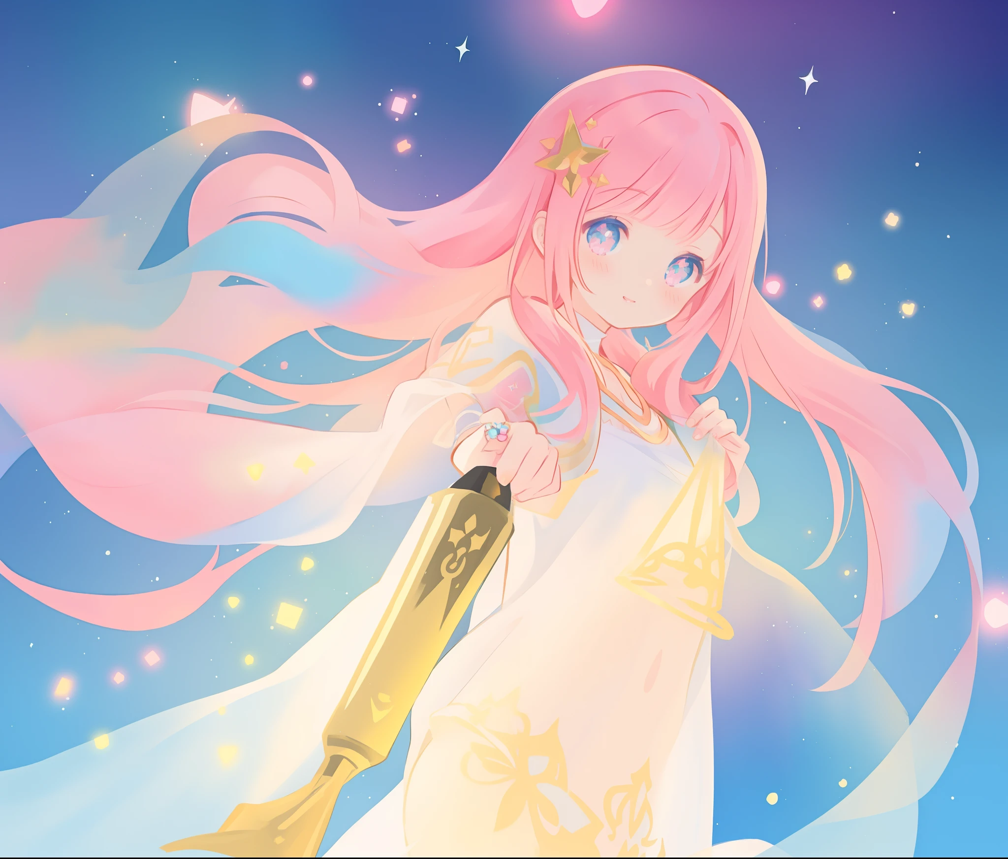 beautiful girl in white crop top and skirt, arabian princess, long colorful sparkling pink hair, watercolor illustration, Lois van Baarle, glowing aura around her, Glen Keane, jen bartel, glowing hair, beautiful digital illustration, fantasia background, beautiful, masterpiece, best quality, anime disney style, (detailed eyes), golden ratio, perfect composition