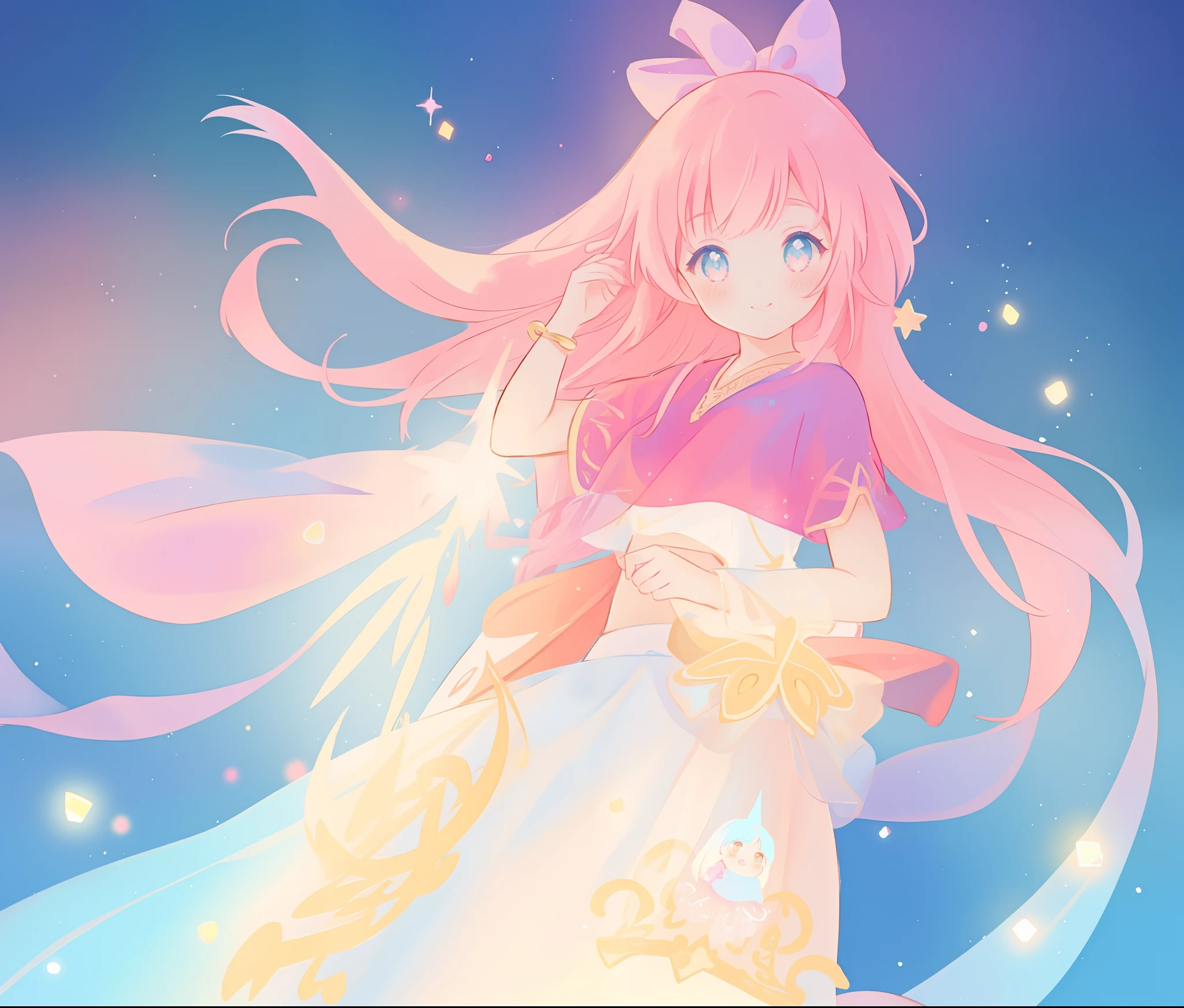 beautiful girl in white crop top and skirt, arabian princess, long colorful sparkling pink hair, watercolor illustration, Lois van Baarle, glowing aura around her, Glen Keane, jen bartel, glowing hair, beautiful digital illustration, fantasia background, beautiful, masterpiece, best quality, anime disney style, (detailed eyes), golden ratio, perfect composition