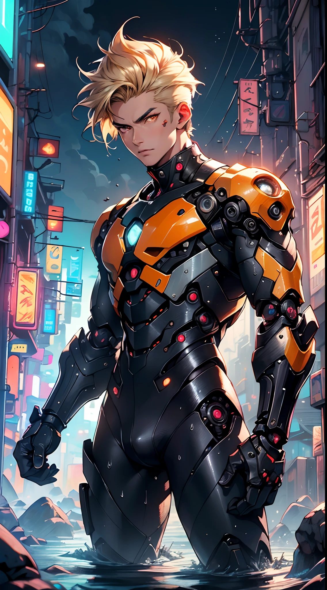 (man:1.5),1 man,archer man,(((1man))),((man with blonde short hair)),
(((1male,man:1.5,handsome man,male,male gender:1.5,male focus))),macho man,hero,
((messy hair,blonde short haircut,detailed blonde hair,highly detailed hair,blonde hair,colored inner hair)),(((lustrous skin:1.5,tanned skin,bright skin: 1.5,skin tanned,shiny skin,very shiny skin,shiny body,illuminated skin))),(((orange_eyes:1.2))),intricate eyes,beautiful detailed eyes,symmetrical eyes,((man chest)),handsome face,((muscular)),male jaw,(((detailed face))),
manly,nsfw,
cyberpunk firefighter, ((mechanical arms:1.5, bionic arms:1.5)), futuristic firefighter uniform,((bulge in pants)),((uniform in black and orange colors)),((wet clothes,intricate outfit,intricate clothes,intricate uniform)),
(dynamic pose:1.0),solo focus,((heroic attitude)),(centered,scale to fit dimensions,Rule of thirds),
cyberpunk city by the ocean at night, with bright neon signs and dark stormy clouds and puddles, scenery:1.25,nighttime, starry night, cosmos,Very dark night that makes the neon lights stand out, very bright neon lights,
artistic photography,(photography taken by sldr),highres, sharp focus,(ultra detailed, extremely detailed), (photorealistic artwork:1.37),(extremely detailed CG unity 8k wallpaper),((synthwave background theme)),(((vibrant colors))),intricate,(intricate background),(masterpiece),(best quality),photo realistic,analog style,((intricate detail)),(((realism))),