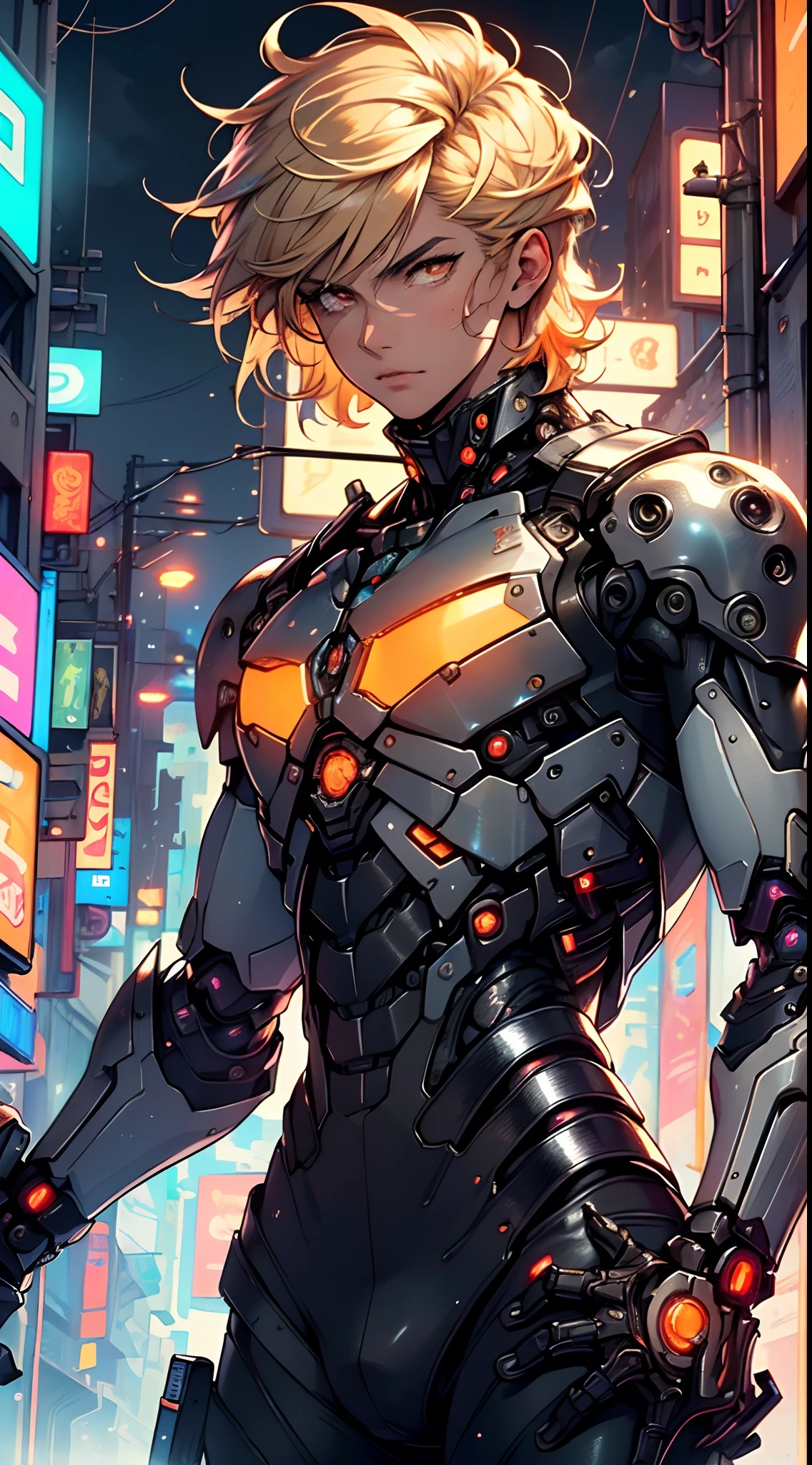 (man:1.5),1 man,archer man,(((1man))),((man with blonde short hair)),

(((1male,man:1.5,handsome man,male,male gender:1.5,male focus))),macho man,hero,

((messy hair,blonde short haircut,detailed blonde hair,highly detailed hair,blonde hair,colored inner hair)),(((lustrous skin:1.5,tanned skin,bright skin: 1.5,skin tanned,shiny skin,very shiny skin,shiny body,illuminated skin))),(((orange_eyes:1.2))),intricate eyes,beautiful detailed eyes,symmetrical eyes,((man chest)),handsome face,((muscular)),male jaw,(((detailed face))),

manly,nsfw,

cyberpunk firefighter, ((mechanical arms:1.5, bionic arms:1.5)), futuristic firefighter uniform,((bulge in pants)),((uniform in black and orange colors)),((wet clothes,intricate outfit,intricate clothes,intricate uniform)),

(dynamic pose:1.0),solo focus,((heroic attitude)),(centered,scale to fit dimensions,Rule of thirds),

cyberpunk city by the ocean at night, with bright neon signs and dark stormy clouds and puddles, scenery:1.25,nighttime, starry night, cosmos,Very dark night that makes the neon lights stand out, very bright neon lights,

artistic photography,(photography taken by sldr),highres, sharp focus,(ultra detailed, extremely detailed), (photorealistic artwork:1.37),(extremely detailed CG unity 8k wallpaper),((synthwave background theme)),(((vibrant colors))),intricate,(intricate background),(masterpiece),(best quality),photo realistic,analog style,((intricate detail)),(((realism))),