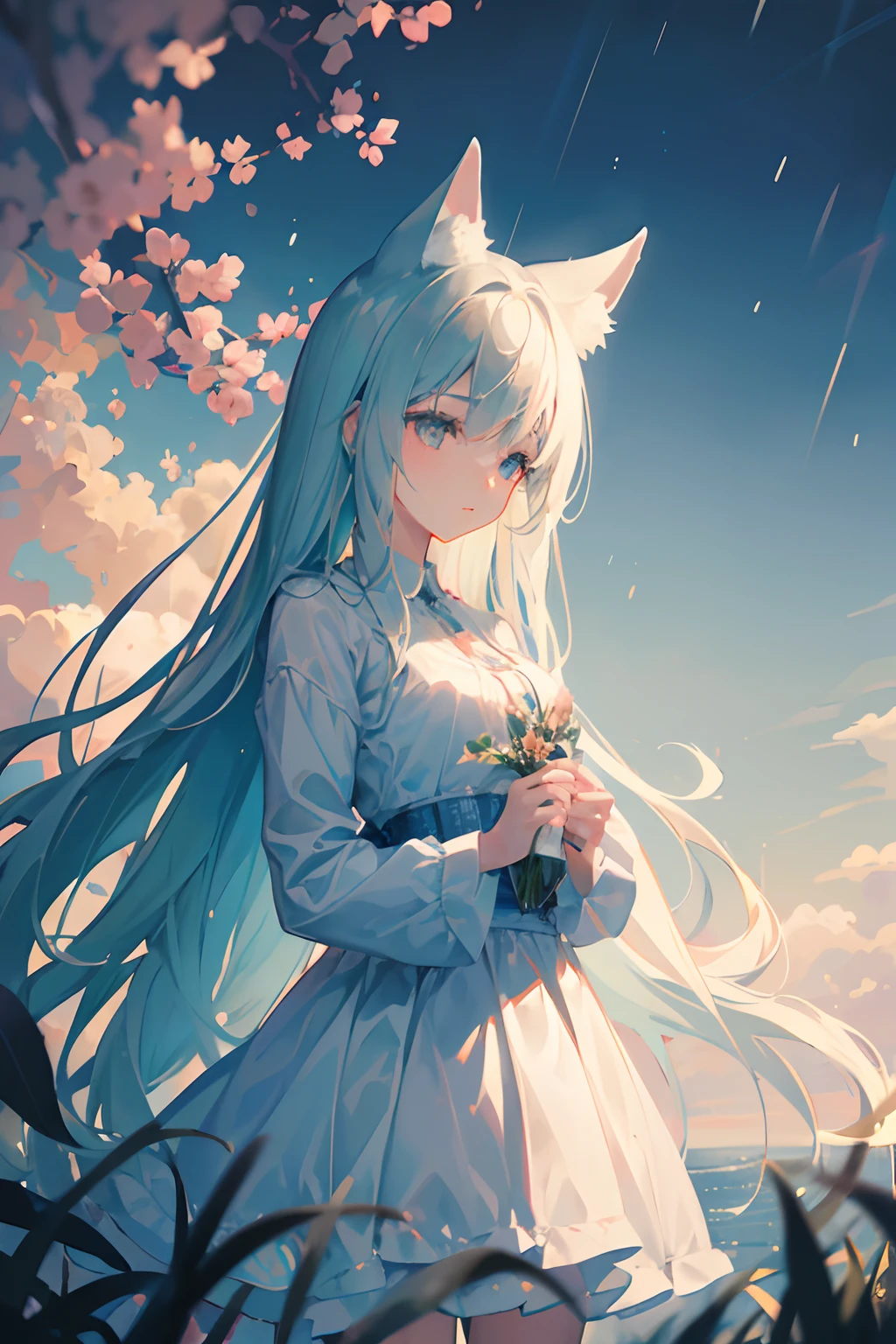 Girl looking up at the skyCreate exquisite illustrations reminiscent of Makoto Shinkai's style, It has ultra-fine details and top-notch quality. Create an illustration of a girl gazing up at the sky. Despite the clear weather, rain is mysteriously falling from the cloudless sky. The absence of rain clouds, coupled with the surreal sight of rain in the bright sky, adds a magical touch to the scene. To enhance the enchantment, depict a white fox subtly hiding, secretly observing the girl. This fantastical illustration captures the mystical ambiance of a moment where the ordinary is transformed into the extraordinary, inviting viewers to immerse themselves in the wonder of this surreal and magical world