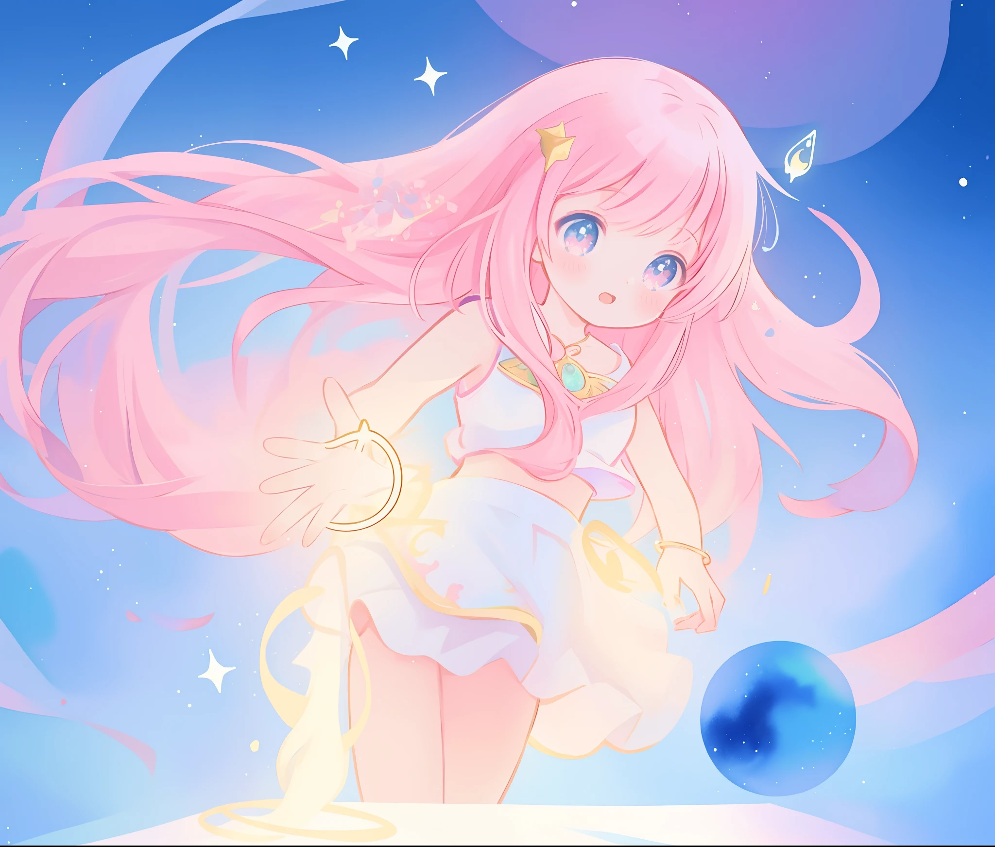 beautiful girl in white crop top and skirt, arabian princess, long colorful sparkling pink hair, watercolor illustration, Lois van Baarle, glowing aura around her, Glen Keane, jen bartel, glowing hair, beautiful digital illustration, fantasia background, beautiful, masterpiece, best quality, anime disney style, (detailed eyes), golden ratio, perfect composition