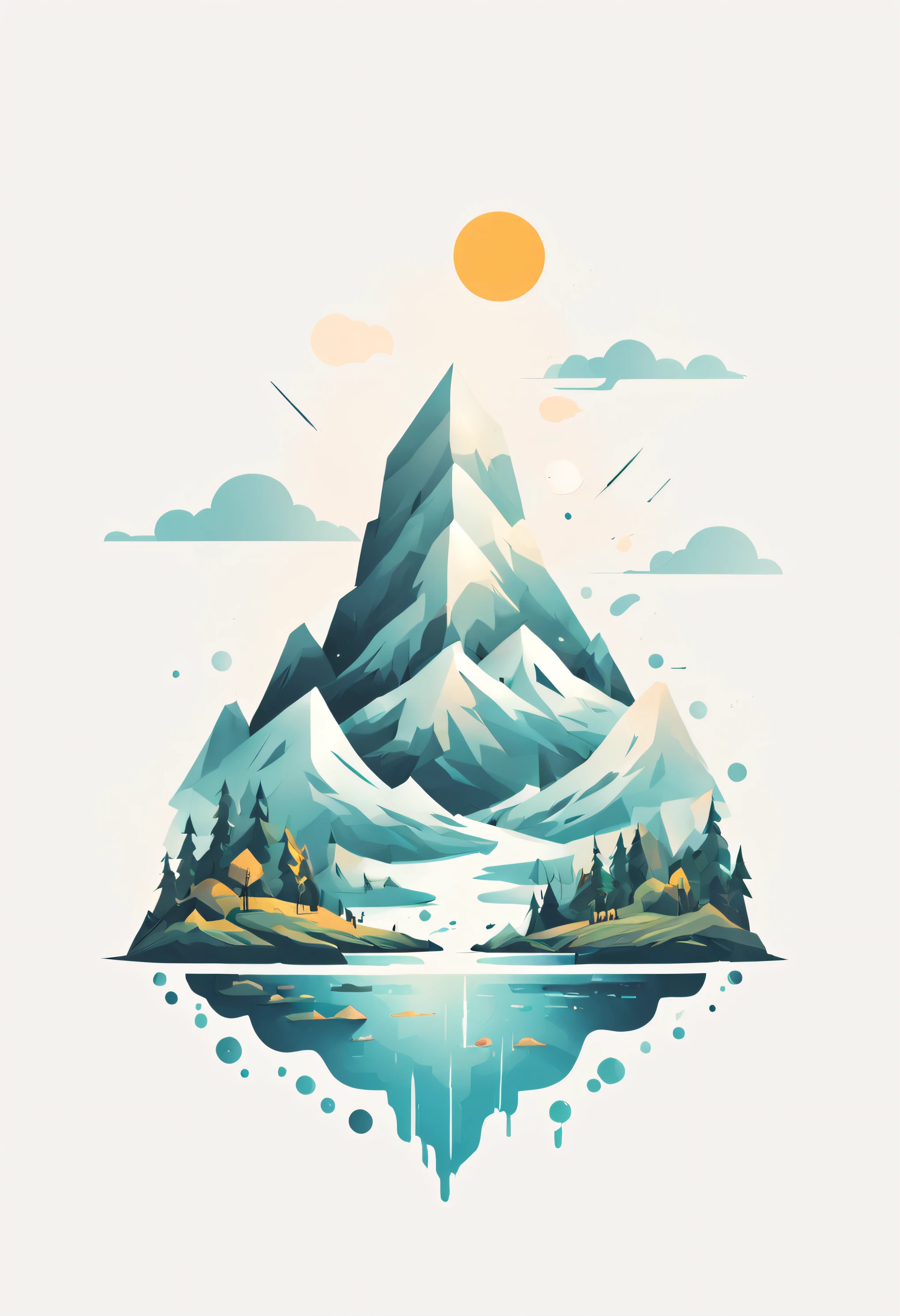 t-shirt design, impressive painting of a mountain with trees and water, a detailed painting by Petros Afshar, shutterstock contest winner, environmental art, detailed painting, outlined art, 2d game art, isolated background for logo