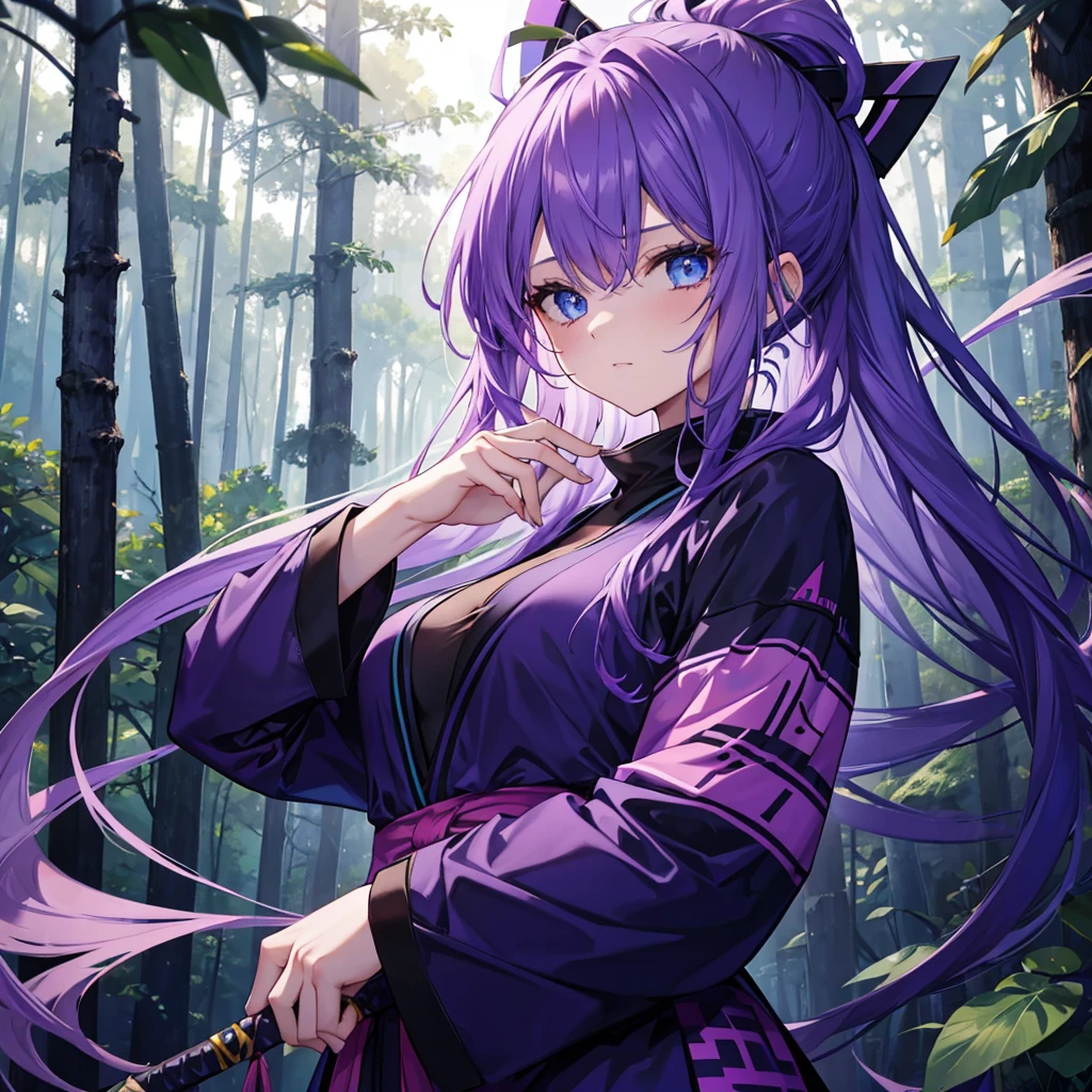 a beautiful girl with purple hair wearing ninja clothes in a forest, medium breasts, cerulean blue eyes, dark purple clothes, holding a kodachi, highly detailed fingers