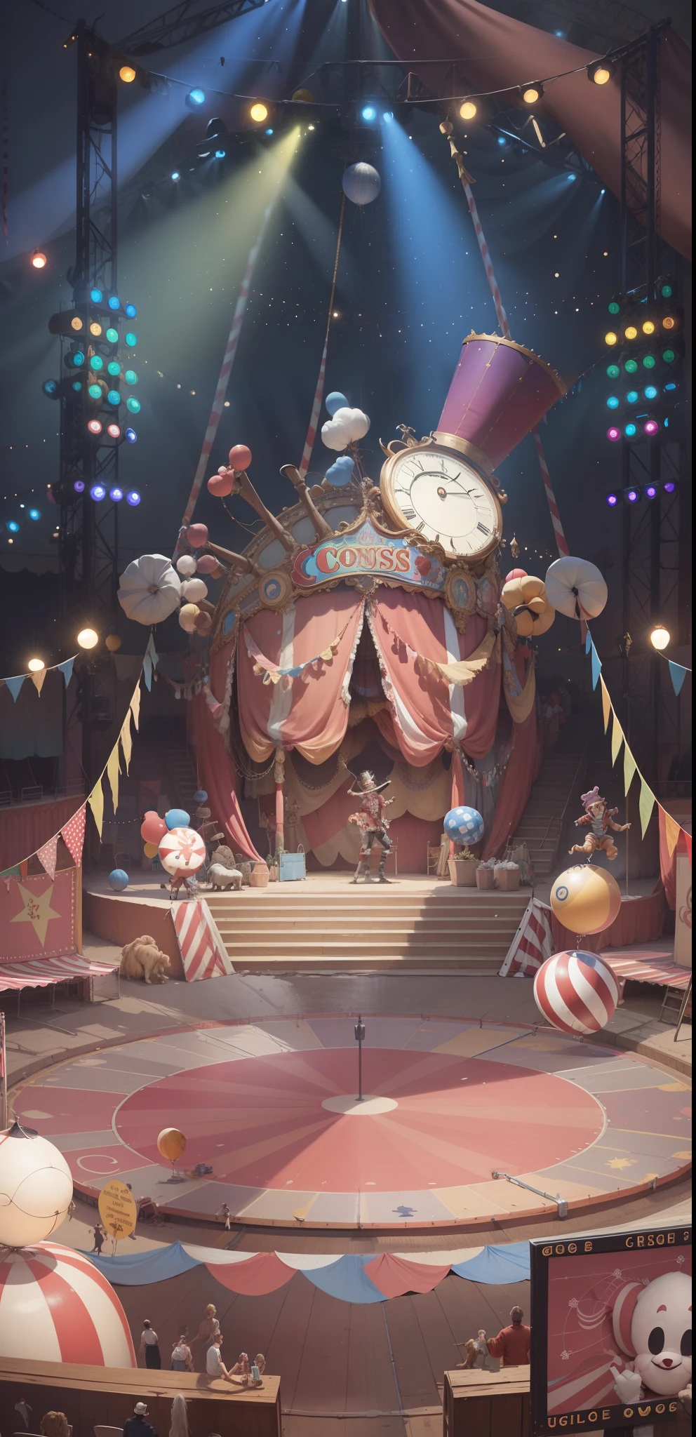 Cartoon circus scene with clowns and circus performers performing, Welcome to the circus, circus background, circus, !dream concept art, Abandoned circus, Desert Circus, circus performance, inside a circus tent, Pisif, trending on artstation pixiv, Stage background, A strange circus, Cute:2, Carnival background, Pisif Contest Champion, Stage，High- sharpness，Works of masters，high high quality