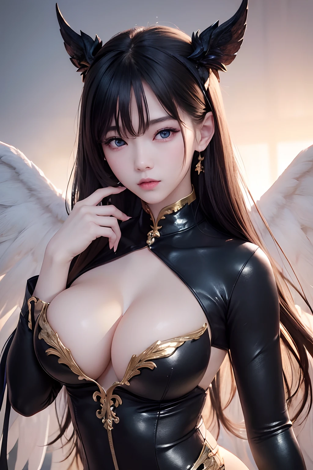 (1girl:1.3)、独奏、__body parts__、offcial art、统一 8k 壁纸、ultra - detailed、Beauty and aesthetics、big breasts beautiful、Bigchest,eBlue eyes,tmasterpiece、best qualtiy、Fantastical Atmosphere、Tranquil Mood、Devil Angel、Beautiful golden wings