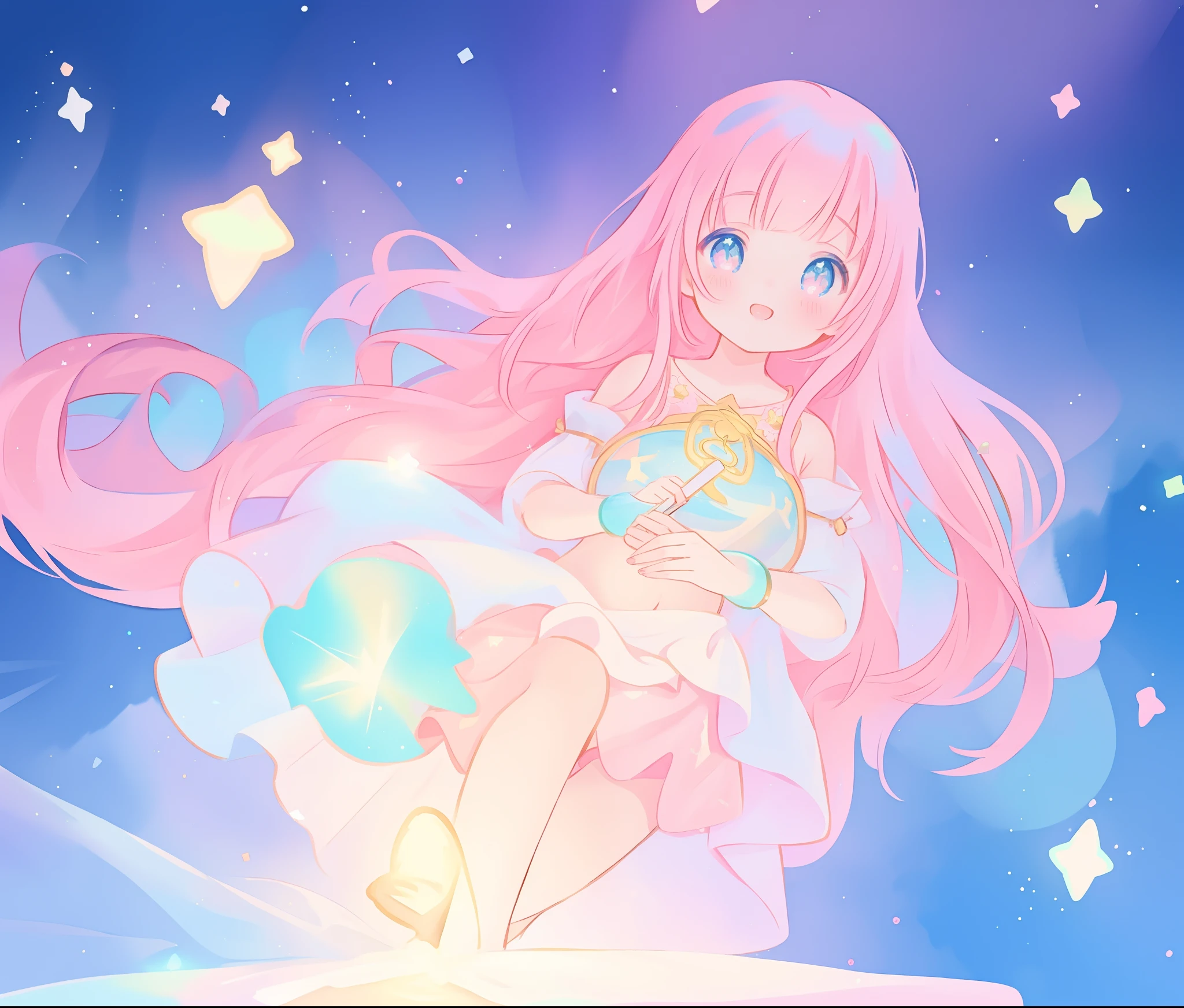 beautiful girl in white crop top and skirt, arabian princess, long colorful sparkling pink hair, watercolor illustration, Lois van Baarle, glowing aura around her, Glen Keane, jen bartel, glowing hair, beautiful digital illustration, fantasia background, beautiful, masterpiece, best quality, anime disney style, (detailed eyes), golden ratio, perfect composition