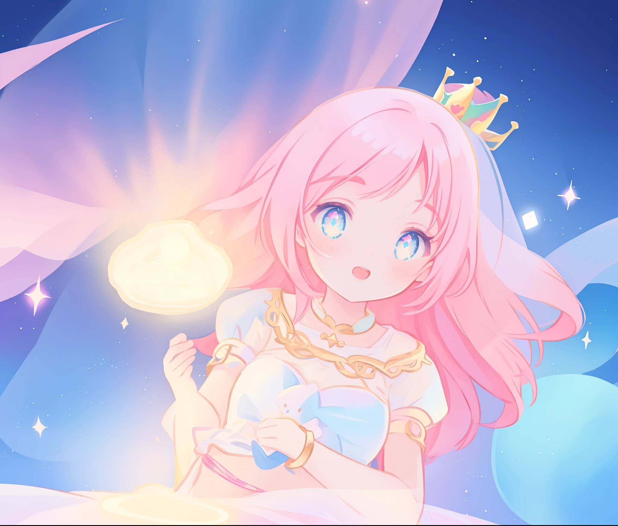 beautiful girl in white crop top and skirt, arabian princess, long colorful sparkling pink hair, watercolor illustration, Lois van Baarle, glowing aura around her, Glen Keane, jen bartel, glowing hair, beautiful digital illustration, fantasia background, beautiful, masterpiece, best quality, anime disney style, (detailed eyes), golden ratio, perfect composition