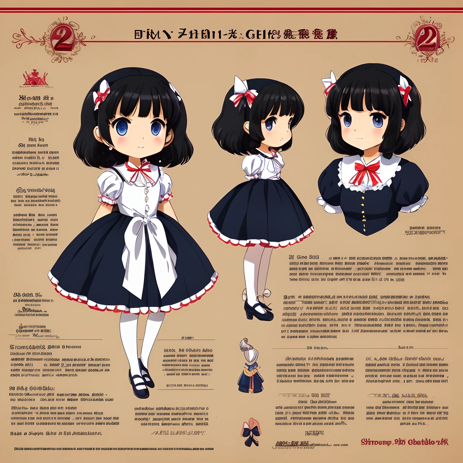 Reference sheet for a cute 12 years girl from a rich family, drawn in anime style, childlike, short black hair, hair pins, blue eyes, earrings, flat chested, red victorian gown with puffy sleeves, bow tie, ribbons, mary jane shoes, white stockings, makeup, gold necklace with diamond, high quality, highly detailed, 4K.
