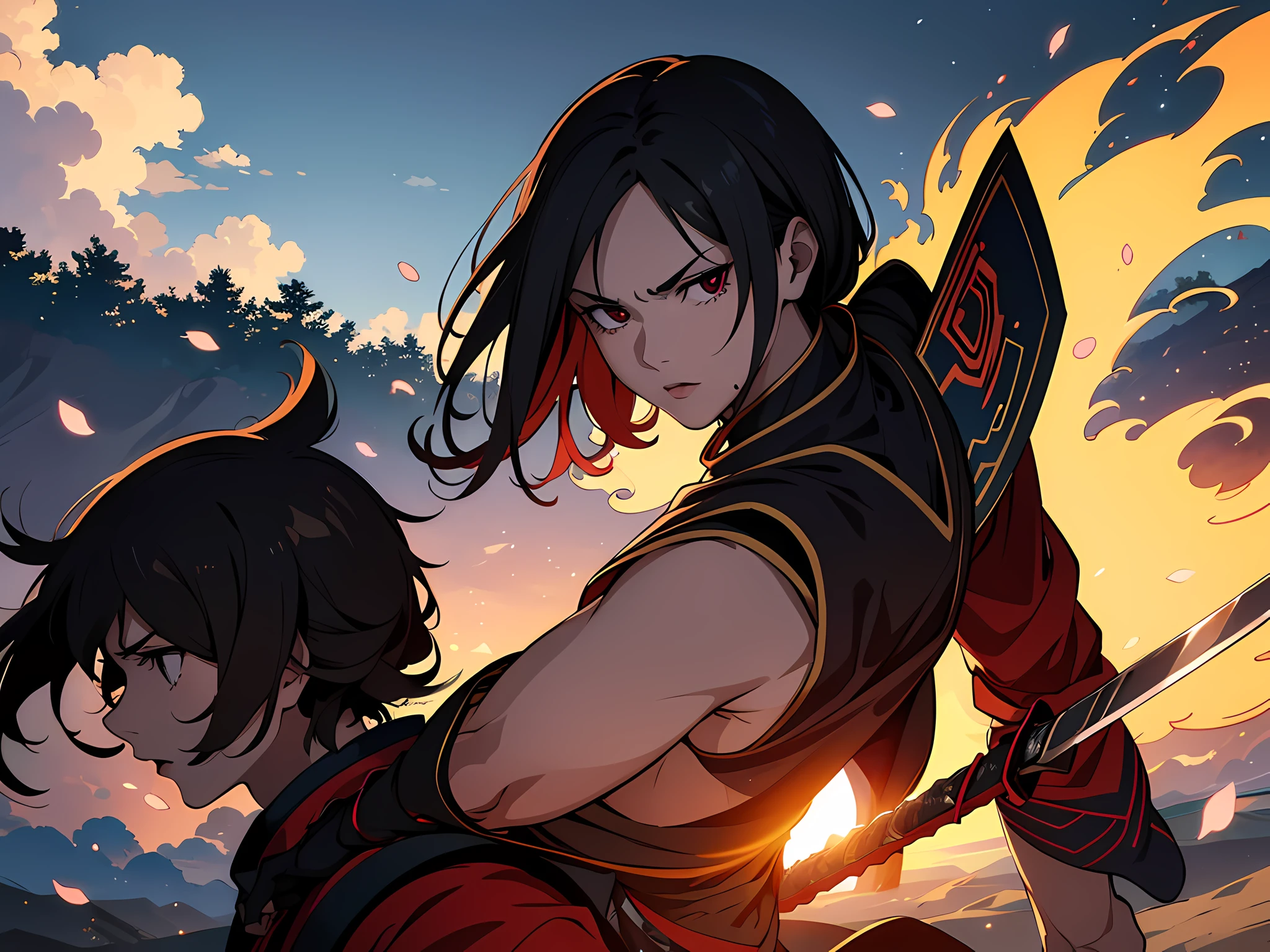 (best quality,highres,realistic:1.37),detailed and intense battle between two ninjas,fierce facial expressions,twisting and flipping bodies,precision strikes and acrobatic movements,shurikens flying through the air,clouds of smoke and dust,sword clashes and sparks,moonlit night with a mysterious ambiance,traditional Japanese setting with ancient architecture and cherry blossoms,deep shadows and dramatic lighting,sharp focus on intricate ninja costumes and weapons,dynamic composition with diagonal lines and asymmetrical balance,vivid colors with contrasting red and black tones.